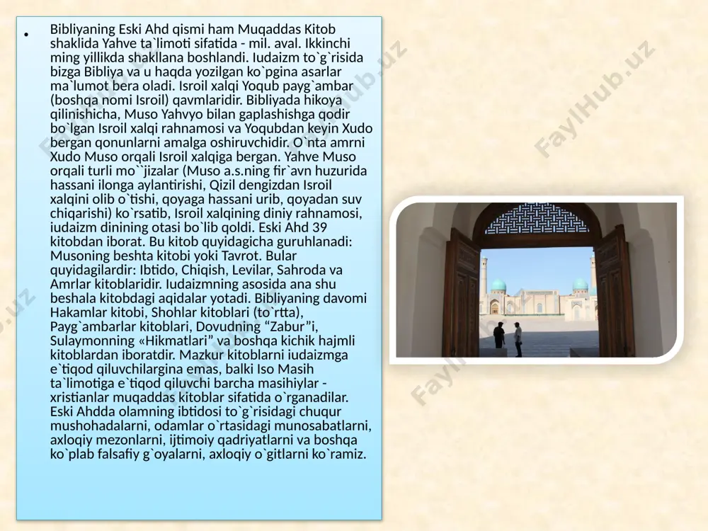 afiy, diniy oqimlardan biri bo`lib, bibliyaning yangi ahd qismiga asoslanadi. yangi ahd (yoki «xushxabar») iso masih yaratgan ta`limotdan iboratdir. bu oqim dunyoning hamma mamlakatlarida uchraydi. ammo evropa, amerika, avstraliya qit`alarida asosiy davlat dini rasmiy mafkuradir. garchi masihiylik bugungi kunda g`arb mamlakatlariga xos oqim bo`lsa-da, aslida sharq va uning madaniyati bilan 67 zich bog`langan. u, sharqning boy mifologik, badiiy va aqidaparastlik imkoniyatlaridan foydalandi. bu imkoniyatlar masihiylikning paydo bo`lishi uchun bitta imkoniyat va asosdir. ikkinchi imkoniyat - masih ta`limotining yuzaga kelishida iudaizmning muhim asos bo`lganidir. bitta dalil: insoniyatning gunoh qilishi va gunohlardan forig` bo`lib najot topishi g`oyasi asli eski ahdning barcha kitoblarida o`z aksini topgan. gunoh va insoniyatni gunohlardan xalos bo`lib, najot topish g`oyasi evropa uchun ham, sharq xalqlari hayot tarzi uchun ham muhim axloqiy mezondir. insoniyatni halollikka va ortiqcha hashamatlarga, boylikka berilmaslikka da`vat qilish ham masihiylik ta`limotining muhim jihatlaridandir . quyidagi parcha bunga dalildir: “hech biri mulkidan biron narsani meniki demas …