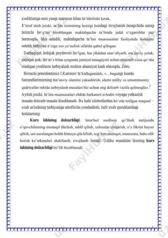 an farq qila bilish qobiliyatini shakllantiradi, uni yanada rivojlantiradi. estetik tarbiya bugungi kunda shunisi bilan muhimki, did-farosatlilik mehnatda, ishlab chiqarishda, kundalik amaliy faoliyatda - har bir inson uchun hayotiy shioriga aylanib qolgan. donolardan biri go’zallik axloq-odobning tug’ishgan singlisidir, degan edi. 7 darhaqiqat, odob va nafosat tarbiyasi o’zaro chambarchas bog’liq holda amalga oshiriladi. chunki nafosat tarbiyasining natijasi axloq-odobda, chiroyli xatti-harakat, go’zal munosabatda va hayotga, kelajakka, insonlarga, tabiatga muhabbatda ko’rinadi. xalqimiz «kamtarlik ham husn» deydi. mana shu birgina iborada chuqur ma'no bor. estetik tarbiya orqali yoshlarda kamtarlik hislati tarkib topadi. bu hislat kishilarning eng go’zal belgisidir.salbiy xatti-harakatlardan nafratlana bilish tuyg’usini ham estetik tarbiyani paydo qiladi. bunda badiiy asarlarning roli muhimdir. masalan: «zumrad va qimmat» ertagida qimmatning xulq-atvori bolalar qalbida nafratni uyg’otadi. zumradning tevarak-atrofga munosabati, mehnatsevarligi, kamtarligi qalblarda quvonchni paydo qiladi. shuni alohida ta'kidlash joizki, ayrim yoshlar go’zallikni tor ma’noda tushunadilar. ya'ni, chiroyni ko’pincha husn jamolda deb bilishadi. bu bir tomonlama tushunchadir. har …