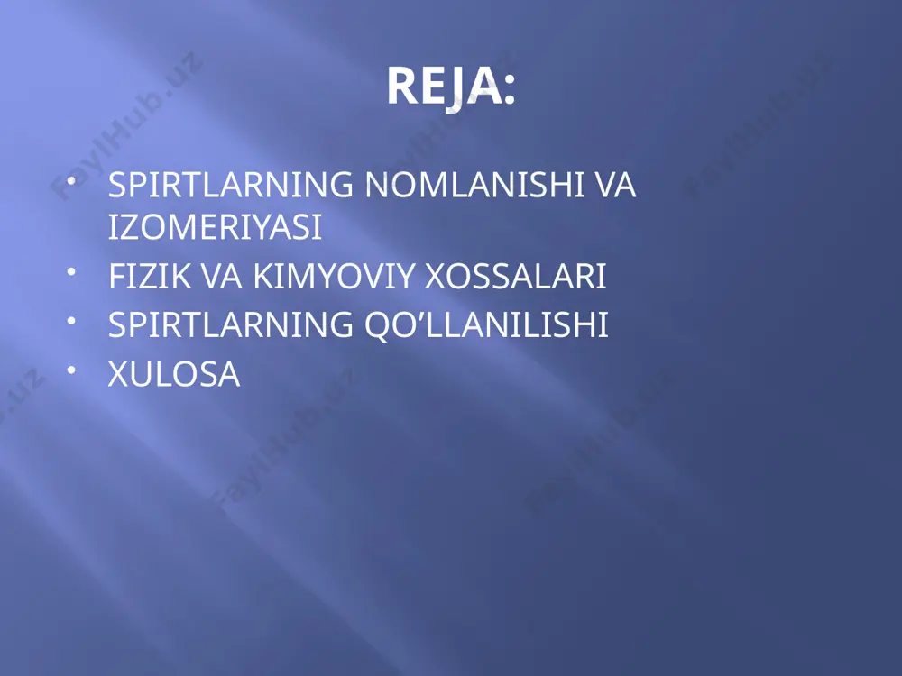 ligi vodorod bog’ mavjudligi bilan izohlanadi. spirtlarning kimyoviy xossalari gidroksigruppa va radikalga bog’liq. barcha organik moddalar kabi spirtlar ham yonadi. xulosa: spirtlar uglevodorod atomiga –oh guruxining qo’shilishi natijasida hosil bo’lgan birikmalardir. uglevodorodlarga nisbatan ko’plab izomerlari mavjud. molekulyar massasi ortishiga qarab spirtlarning fizik va kimyoviy xossalari ham o’zgarib boradi. spirtlarni bir necha soxalarda, turli maqsadlarda qo’llash mumkin. image2.png image3.png image4.png
