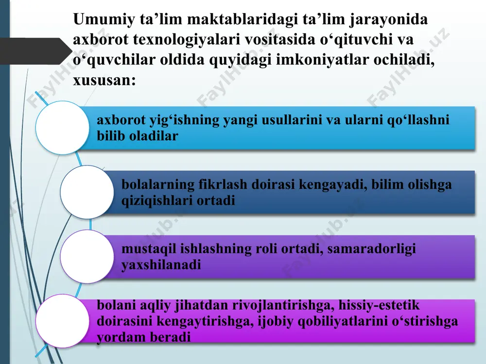 alarning yangi belgi va xususiyatlarini yanada mustaqil aniqlash, darsdan darsga yanada ham aniqroq va tizimlashtirilib boruvchi xulosalarning chiqarilishidir. masalan, darslarning birida o`qituvchi o`quvchilar oldiga qog’oz turlarini aniqlash, qog’ozning ko`pgina vazifasiga ega bo`lgan material sifatida umumiy xususiyatlarni hamda qo`llanish va foydalanishning cheksiz miqdordagi shartlarini ta`riflash vazifasini qo`yadi. o`quvchilar tomonidan bajariluvchi kuzatishlar va tajribalarning muhim natijasi – hayot bilan bog’liqlik, bunda olingan bilim va malakalarning joriy o`quv ishlarida, texnologiya daslarida turli buyumlarni tayyorlashda amaliy qo`llanishidir. kichik maktab bolalarini nafaqat ko`ra olishga, balki o`tkaziluvchi kuzatishlar maqsadini qo`ya olish, eng oddiy, amalga oshirish mumkin bo`lgan tajribalarni tashkil eta olish, o`z kuzatishlaridan xulosalar chiqara olish va bu xulosalardan mehnat jarayonida foydalana olishga o`rgatish juda muhim. qog’oz jildlar, bloknotlar va broshyuralar chetini yelimlash uchun qog’oz yo`llari ko`ndalang yo`nalishda kesiladi: ular mustahkamroq bo`ladi, cho`zilmaydi, ko`proq xizmat qiladi. qog’oz yo`llarini to`g’ri kesish uchun ularni tajriba yo`li bilan qog’oz varag’ida bo`ylama va ko`ndalang yo`nalishini aniqlash va belgilab qo`yish kerak. …