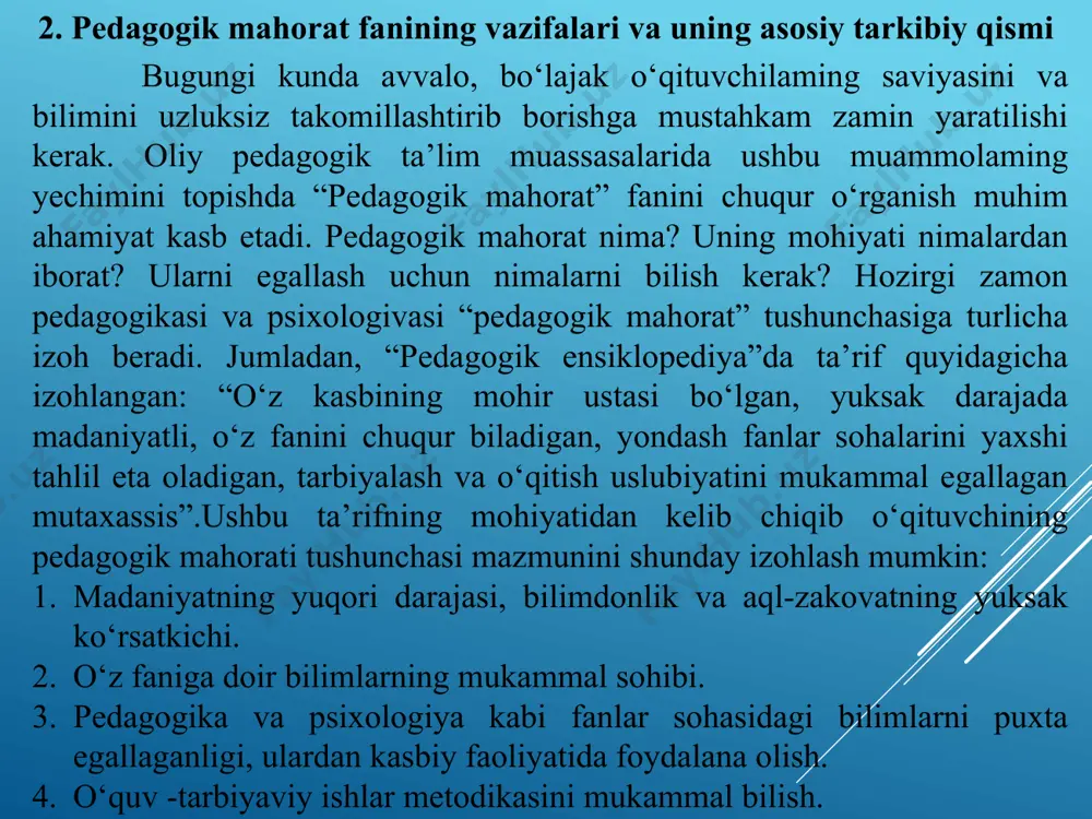 lashning nazariy va amaliy asoslari, tamoyillari, usullari, shakllari va vositalarini ishlab chiqadi. maktab pedagogikasiga quyidagilar kiradi: boshlang‘ich maktab pedagogikasi, o‘rta maktab yoshidagi pedagogika, katta maktab yoshidagi pedagogika); 5) kasb-hunar ta’limi pedagogikasi (malakali ishchilarni tayyorlash qonuniyatlarini o‘rganadi); 6) o‘rta maxsus ta’lim pedagogikasi (maxsus ta’limning o‘rta va yuqori darajalari chegarasida kasbiy tayyorgarlik nazariyasi va amaliyotini ishlab chiqadi); 7) oliy maktab pedagogikasi (kelajakdagi yuqori malakali mutaxassislarni o‘qitish, tarbiyalash va rivojlantirish qonuniyatlarini o‘rganadi); 8) androgogika (kattalarni tarbiyalash, rivojlantirish va tarbiyalashning nazariy va amaliy asoslarini ishlab chiqadi); 9) uchinchi avlod pedagogikasi (pensiya yoshidagi odamlarni o‘qitish, rivojlantirish, tarbiyalash tizimini ishlab chiqadi). 3. maxsus pedagogika jismonan va aqlan rivojlanishida nuqsoni bor bolalar ta’lim-tarbiyasining shakl va vositalari, tamoyillari, metodlari va vositalari, nazariy asoslarini ishlab chiqadi. maxsus pedagogika defektalogiya va korreksion pedagogika deb ham nomlash mumkin. quyidagi bo‘limlardan iborat: 1)surdopedagogika(kar-soqov bolalarni tarbiyalash va o‘qitishning nazariy va amaliy asoslarini o‘rganadi. u bir qator ilmiy fanlardan iborat: surdopedagogika nazariyasi, surdopedagogika tarixi, …