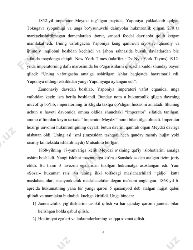 b o‘tmadi. yaponiyada bu vaqtda burjua inqilobi maqsadlarini himoya qilishga, jumladan feodalizmni, mutlaq hokimiyatchilik rejimini va boshqalarni tugatishga qodir bo‘lgan burjuaziya ham, boshqa siyosiy kuchlar ham yo‘q edi. “meydzining qayta tiklanishi” o‘z mohiyatiga ko‘ra burjua inqilobining dastlabki bosqichi talablariga mos keladi. bu talablar yaponiyaga g‘arb kapitalining kirib kelishi ta’siri ostida kuchaygan feodal millatchilikning ko‘rinishlaridan biri bo‘lib qolgandi. 1865-yilda angliya va keyin aqsh “yaponiyani ochishga” va uni o‘zlarining uzoq sharqdagi mustamlakachilik siyosatlarida oldingi punktga aylantirishga intilib, “kanonerka3 siyosati” yordamida syogunni tengsizlik shartlaridagi savdo shartnomalarini ratifikatsiya qildirishga erishganlar. bu shartnomalarga binoan “quyosh botuvchi mamlakat” savdo munosabatlarida yarim mustamlaka xitoyga tenglashtirilgan edi.[footnoteref:1] [1: eidus x. t." yaponiyaning qadimgi davrlardan to hozirgi kungacha bo'lgan tarixi" 2015.-b.134] yaponiyaning o‘z mustaqilligini yo‘qotish havfi milliy harakatni tezlashtiruvchi turtki bo‘ldi. bu harakat hukmron doiralar, samuraylar – “dvoryan inqilobchilar” ning “mamlakatni tiklash va birlashtirish”, uni mustaqil va erkin yashashini ta’minlay oladigan kuchli markazlashgan davlat tashkil qilish zarurligini tushunib yetishi …