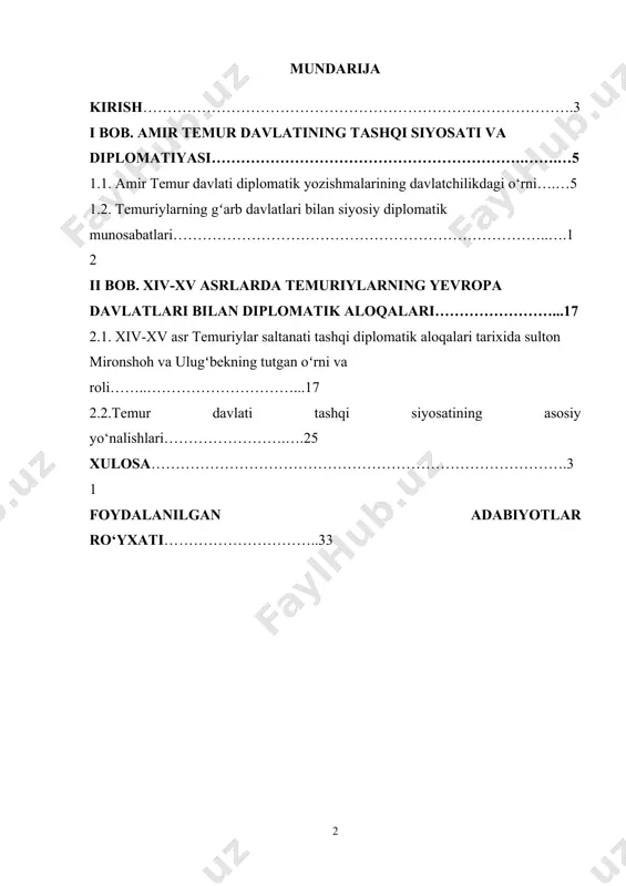 ltirilganidek, bugungi kunda o‘zbekiston davlatchilik tarixi va uning muhim taraqqiyot bosqichlari nihoyatda dolzarb mavzulardan biri xisoblanadi. o‘zbekiston respublikasi prezidenti shavkat mirziyoyev tariximiz haqida quyidagilarni aytadi "hamma o‘z tarixini ulug‘laydi. lekin bizning mamlakatimizdagidek boy tarix, bobolarimizdek buyuk allomalar hech qayerda yo‘q. bu merosni chuqur o‘rganishimiz, xalqimizga, dunyoga yetkaza bilishimiz kerak. bu markazga kelgan odam tariximiz haqida to‘la tasavvurga ega boʻlishi, katta ma'naviyat olib ketishi zarur"[footnoteref:1]. [1: mirziyoev sh.m. erkin va farovon, demokratik o'zbekiston davlatini birgalikda barpo etamiz. - t.: "o'zbekiston", 2016.- 56 b.] tadqiqot obyekti. temuriylar davri diplomatik munosabatlarning rivojlanishi va gʻarb davlatlari bilan munosabatlari. tadqiqot maqsadi. amir temur va temuriylarning diplomatik munosabatlari va elchilik natijasida yevropa davlatlari bilan munosabatlarning yoʻlga qoʻyilishi hisoblanadi. tadqiqot vazifalari. · amir temur davri diplomatik munosabatining oʻrganilishi, · amir temur va temuriylarning yevropa davlatlari bilan olib borgan elchilik munosabatlari, · amir temur davrida qurilgan karvonsaroylar, · temuriylar davri gʻarb davlatlari diplomatik munosabatlari, · ulugʻbek tomonidan diplomatik …