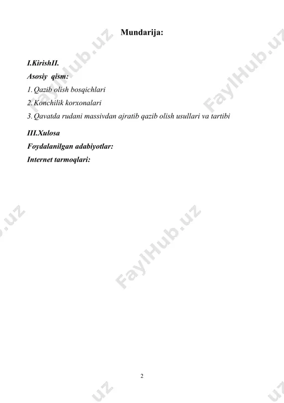 an davri x-xi asrlarga to’g’ri kelgan. chotqol, qurama, nurota tog’larida, qoramozor tog’i atrofida, farg’onada sultonuiz tog’ida 10 mingdan ortiq konchilik uyushmalari ishlagan, shu jumladan, "lashkerak", "konjal", "tabashor", "konsoy", "konimansur", "aqtepa", "rizak"; oltin konlaridan "qizilolma", "ko’chbuloq-tog’berdi", "qaykar", "chadoq"; polimetal "axangaraut"; mis konlaridan "aktau", "shayxjeli"; qo’rg’oshin "uchquloch", "ilanchik"; feruza koni "ungurlikon" va boshqalar. bulardan tashqari mis kuporosi, simob, qalay, surma, ko’mir, nashotir, oltingugurt, bo’yoq minerallari, kvars va har xil qurilish va bezak materiallari qazib olingan. asosiy qism: qazib olish bosqichlari ruda konlarini yer osti usulida qazib olish jarayonlari asosiy uch bosqichdan iborat: 1. konni ochish, 2. tayyorlovchi - kesuvchi lahimlar o’tish va 3. qazib olish ishlari. konni ochish deb, yer yuzasidan ochuvchi kapital kon lahimlarini ruda tanasini hamma chuqurligiga yoki uning bir qismiga o’tqazib tayyorlovchi lahimlar o’tishga imkoniyat yaratilishiga aytiladi. ochuvchi lahimlar bular shaxta stvollari, stvol oldi lahimlari, kvershlaglar, shtolnya, kapital ruda tushuruvchi lahimlar va boshqalar — qazib olingan foydali qazilmalarni, noruda …