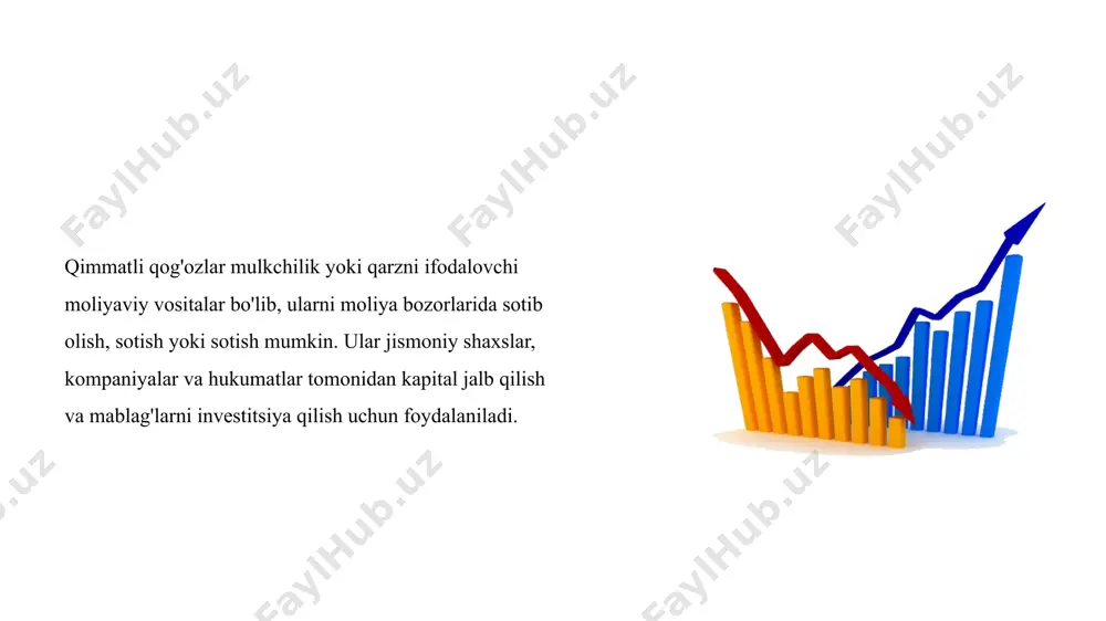 lohiyatini tahlil qilish va tushunish muhimdir. qimmatli qog'ozlarning har xil turlarini tushunish bir necha sabablarga ko'ra muhimdir: investitsiyalarni diversifikatsiya qilish: har xil turdagi qimmatli qog'ozlar turli xil xavf va daromadlilik xususiyatlarini taklif qiladi. turli xil qimmatli qog'ozlarni tushunib, investorlar diversifikatsiyalangan investitsiya portfelini yaratishi mumkin. diversifikasiya investitsiyalarni turli aktivlar sinflari, sektorlar va geografik hududlarga yoyish orqali xavfni kamaytirishga yordam beradi. risklarni boshqarish: qimmatli qog'ozlar riskni boshqarishda muhim rol o'ynaydi. investorlar risklarga chidamlilik va investitsiya maqsadlariga mos keladigan risk profiliga ega qimmatli qog'ozlarni tanlashlari mumkin. masalan, konservativ investorlar ko'proq barqarorlikni ta'minlovchi barqaror daromadli qimmatli qog'ozlarni (masalan, obligatsiyalar) tanlashi mumkin, yuqori daromad olishni istaganlar esa potentsial o'zgaruvchanligi yuqori bo'lgan qimmatli qog'ozlarni (masalan, aktsiyalarni) ko'rib chiqishlari mumkin. investitsion imkoniyatlar: turli xil qimmatli qog'ozlarni bilish investorlarga keng ko'lamli investitsiya imkoniyatlarini o'rganish imkonini beradi. turli xil qimmatli qog'ozlarning xususiyatlarini va ishlashini tushunib, investorlar imkoniyatlarni aniqlashlari va asosli investitsiya qarorlari qabul qilishlari mumkin. ushbu bilim potentsial investitsiya …