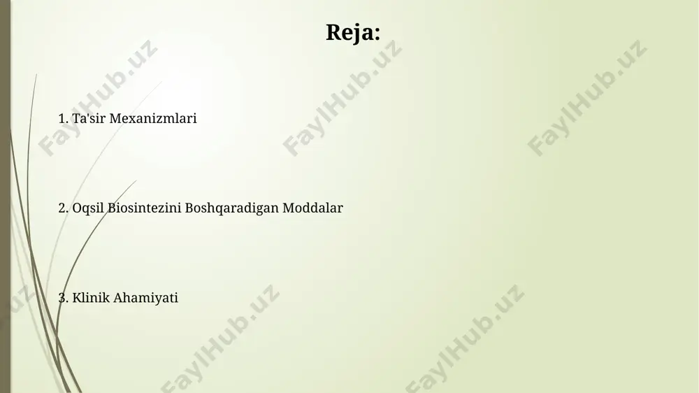lishga ega bo'lib, peptid zanjiriga kirib, uning o'sishini noto'g'ri yakunlaydi. oqsil katlanishini ingibitorlari oqsil katlanish jarayonida ishtirok etadigan 70 dan ortiq xaparonlarning faolligini ingibitorlar orqali susaytirish, oqsil katlanishini sekinlashtirib, to'g'ri katlamagan oqsillar sonini oshiradi. oqsil katlanishini ingibitorlari, masalan, ansamyosinlar, oqsilning to'g'ri uch o'lchovli tuzilmasini shakllanishiga xalaqit berib, 50% gacha funksiyasini pasaytirishi mumkin. oqsil biosintezini ingibitorlari turlari oqsil biosintezini ingibitorlari saraton, virusli infektsiyalar va bakteriya infektsiyalarini davolashda 20 dan ortiq turdagi dorilar sifatida qo'llaniladi. aminoglikosidlar, tetratsiklinlar va makrolidlar kabi antibiotiklar 30s yoki 50s ribosomali subbirliklarga bog'lanib, oqsil sintezini to'xtatadi. e'tiboringiz uchun rahmat @taqdimot_robot image1.jpg image2.jpg image3.jpg image4.jpg image5.jpg image6.jpg image7.jpg