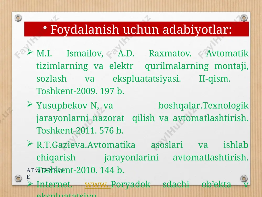 ishi mumkin. bu holda yerga ulanish va ekranlar tarmog‘i himoyalovchi quvurlar va jihozlar tekshiriladi. elektr issiqlik tok relesi elektr motorlarni uzoq muddat ishlab turganda qizishdan himoya qiladi. issiqlik tok relesining qo‘shimcha toki rostlanuvchi manba va aniqligi 1,5 dan yuqori bo‘lgan ampermetr yordamida tekshiriladi. bunda sozlash ishlari quyidagi jarayonlardan iborat bo‘ladi. rele tarmoqdan ajratiladi, ulanib qolishining oldini olinadi; uch fazali relelarda biror kuch tarmoq simi (elektr motorga ulanadigan) ajratib olinadi; relening qizdirish elementlarini ketma-ket ulab, ajratilgan tok manbasiga ulanadi; relening tokini rostlovchi vinti maksimal tokka to‘g‘ri keluvchi holatiga keltiriladi; tok manbaining korpusi yerga ulanadi; rele tokini rostlovchi vintini minimal tokka keltirib, tok manbasi tarmoqga ulanadi va kuchlanish sekin asta oshirib boriladi; tok manbasini rostlab, rele tarmog'ida i=1,05 tok o‘rnatiladi va shu tok bilan rele 0,5 soat davomida qizdiriladi; rele tokini rostlovchi vintni tokning kamayishi tomoniga oxista burab releni ishga tushishiga erishiladi; 3-5 minut o‘tkazib yana tarmoq ulanadi, rele kontaktlari ham dastlabki …