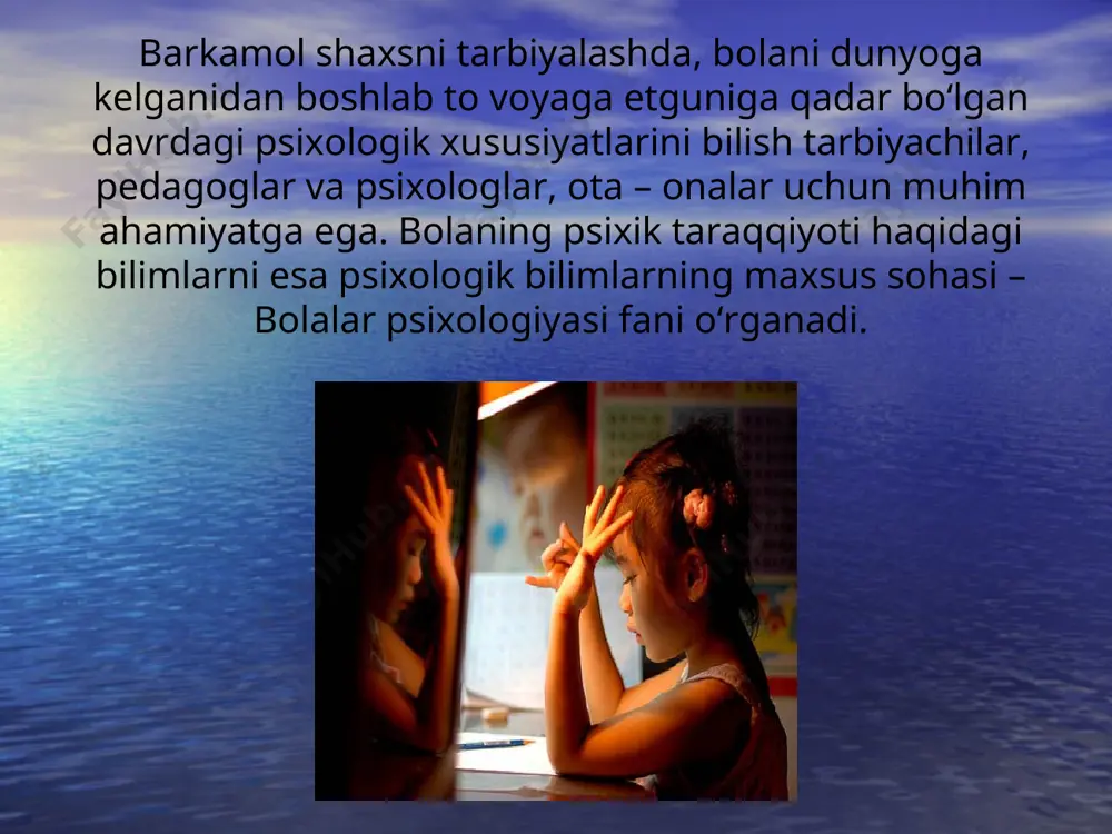 lsada, tarbiyachining so‘zlariga katta e’tibor berayotgan bo‘lishi mumkin. 2). sababiylik prinsipi – bu bola shaxsi va ongida yangi sifatlarning hosil bo‘lishini ta’minlovchi barcha shart – sharoit va omillarni imkon qadar o‘rganishni talb qiladi. masalan: mashg‘ulot davomida bola tez – tez oyna tarafga qaragan bo‘lsa, bu hodisaning iloji boricha sababini aniqlash kerak: ko‘chadagi biror narsa bola e’tiborini o‘ziga tortdimi? mashg‘ulotda bola charchab qoldimi? o‘tilayotgan material bolaga yaxshi tanishmi? va h.k; 3). sinchkovlik va muntazamlik prinsipi – bu bola psixikasini shakllanishi jarayoni, bunda psixolog va pedogoglar ta’siri sinchkovlik bilan kuzatib borishni talab qiladi. bolalar psixologiyasi fanining asosiy metodlaridan biri kuzatish metodidir. kuzatish metodi 2 ga bo‘linadi: 1) ob’ektiv; 2) sub’ektiv kuzatish metodi. bolalar psixologiyasida kuzatish metodining alohida turli bolalar taraqqiyotini sermazmun qirralarini kuzatish va unda olingan dalillarni kundaliklarga yozib borish o‘rganishdan iboratdir. bola taraqqiyoti haqidagi birinchi kundalik xix asrning ikkinchi yarmida ch.darvin tomonidan nashr etilgan. undan so‘ng i.madыginakote, n.a.menchinskaya, v.s.muxinalar bolalar psixik …