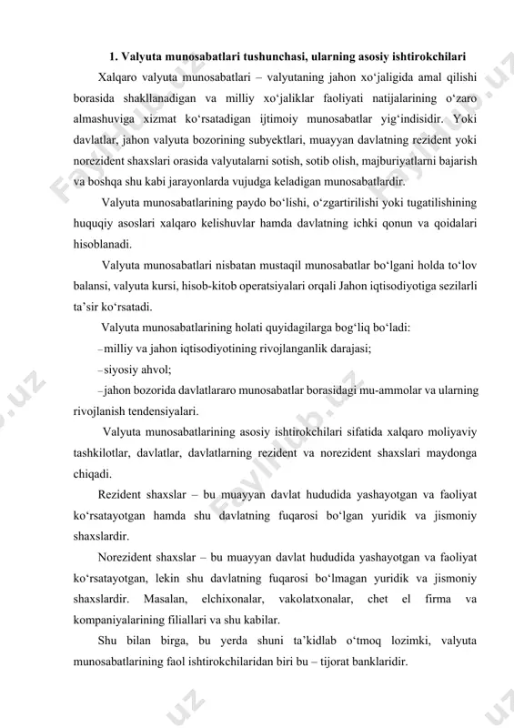 va o‘z tijorat maqsadlari uchun jahon moliya bozorining yirik markazlarida o‘z filiallarini ochgan. tijorat banklarida va mijozlarida turli sabablarga ko‘ra hamda turli maqsadlarda xorijiy valyutaga ehtiyoj paydo bo‘ladi. masalan, agar tijorat bankining mijozi eksportyor bo‘lsa, u xorijiy valyutada tushum oladi va valyuta kursining tebranishi oqibatidagi risklarni hisobga olgan holda, unda shu xorijiy valyutada olingan tushumni himoyalash zaruriyati tug‘iladi. shu sababli, u mazkur eksport tushumini sug‘urtalash maqsadida o‘z bankiga murojaat etadi. yoki bank mijozi importyor bo‘lsa, kontragenti bilan tuzgan o‘zaro shartnoma shartlariga muvofiq, belgilangan muddatda eksportyor bilan hisob-kitob qilish uchun unga muayyan miqdorda xorijiy valyuta zarur bo‘ladi. shunga muvofiq, mijoz o‘z bankiga xorijiy valyuta sotib olish maqsadida murojaat qiladi. yuqoridagilardan tashqari tijorat bankining xorijiy valyutaga bo‘lgan o‘z zaruriy ehtiyojlari mavjud. bularga masalan, jahon valyuta bozorida oldi-sotdi baholarining farqi sifatida foyda olish maqsadida xorijiy valyutalarni sotib olish va sotish, valyuta kursining tebranishi oqibatida vujudga keladigan valyuta risklarining oldini olish maqsadida xejerlash bilan …