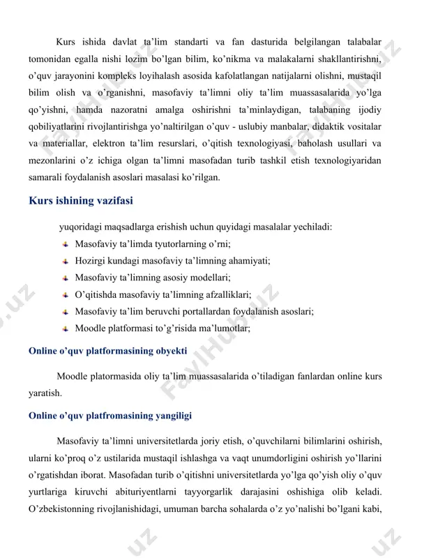 nglovchilarni mustaqil bilish faoliyatini turli axborot manbalari bilan osongina birlashtirishni, kurs olib borayotgan o’qituvchi yoki tyutor bilan tezkor va tizimli aloqa qilish hamda tinglovchilarning guruh bo’lib ishlashlarini amalga oshirish imkoniyatini beradi. masofali o’qitishning birlashgan ta’lim dasturini amalga oshirish uchun qo’llaniladigan pedagogik faoliyatning asosiy tashkiliy shakllarini ko’rib chiqamiz. ma ’ruzalar dastlabki bilimlarni egallashga qaratilgan o’qitishning asosiy tashkiliy shaklini ma’ruza tashkil etadi. ma’ruzaning bosh vazifasi - o’qitishning nazariy asosini ta’minlash, o’quv faoliyatiga qiziqishni rivojlantirish va aniq o’quv predmeti bo’yicha o’quvchilarda kurs ustida mustaqil ishlash uchun yo’nalishlarni shakllantirishdan iborat. masofali o’qitishda nazariy materiallarni o’rganishni tashkil etish uchun foydalaniladigan texnologiya sifatida an’anaviy ma’ruzalardan tashqari quyidagilarni ajratish mumkin: a. videoma’ruzalar b. multimedia ma’ruzalar. amaliy mashg’ulotlar. amaliy mashg’ulotlar fanni chuqurroq o’rganish uchun mo’ljallangan. amaliy mashg’ulotlarni o’tkazishning turli shakllaridan, xususan: chet tilini o’rganish bo’yicha mashg’ulot, fizika-matematika va tibbiyot fanlari bo’yicha masalalarni yechish, seminarlar, laboratoriya amaliyotlaridan masofali o’qitishda ham foydalanish mumkin. masofali o’qitishga moslashtirilgan amaliy mashg’ulotlarni tashkil etish …