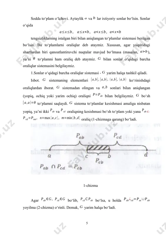 plam deyiladi. shuning uchun o‘lchov cheksiz qiymat ham qabul qilishi mumkin. elementar to‘plam o‘lchovi. endi tekislikdagi to‘plamlarning lebeg o‘lchoviga tzxtalamiz. aytaylik va lar ixtiyoriy haqiqiy sonlar bo‘lsin. tekislikda biror dekart koordinatalar sistemasi tayinlangan bo‘lib, shu sistemada va tengsizliklarning istalgan bir jufti bilan aniqlangan to‘plamlar sistemasi berilgan bo‘lsin. bu to‘plamlarni to‘g‘ri to‘rtburchaklar deb ataymiz. xususan, agar yuqoridagi shartlardan birini qanoatlantiruvchi nuqtalar mavjud bo‘lmasa (masalan yoki bo‘lsa) uni ham to‘g‘ri to‘rtburchak deb ataymiz. bilan tekislikdagi barcha to‘g‘ri to‘rtburchaklar sistemasini belgilaymiz. sonlar o‘qi holidagidek tekislikdagi to‘plamning tashqi o‘lchovi va lebeg o‘lchovi ta’riflarini berish mumkin. 7-ta’rif. ixtiyoriy to‘plam uchun (4) son to‘plamning tashqi o‘lchovi deyiladi. bu yerda aniq quyi chegara to‘plamni qoplovchi to‘g‘ri to‘rtburchaklarning barcha chekli yoki sanoqli sistemalari bo‘yicha olinadi. tekislikdagi barcha to‘g‘ri to‘rtburchaklar sistemasi - yarim halqi tashkil qiladi. yarim halqadan olingan va sonlari bilan aniqlangan (ochiq, yopiq yoki yarim ochiq) bo‘sh bo‘lmagan to‘g‘ri to‘rtburchak uchun sonni mos qo‘yamiz, agar bo‘sh to‘plam …