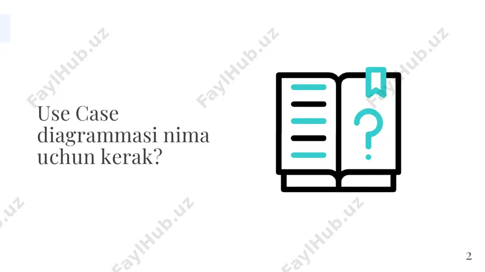 tsifikatsiyasi hisoblanadi. bu munosabat aktorning foydalanish holati bilan o‘zaro aloqada qanday o‘ziga xos rol o‘ynashini belgilaydi. grafik jihatdan assotsiatsiya chiziq bilan tasvirlanadi. kirish foydalanuvchi 14 munosabatlar biriktirish/qo‘shish ikki foydalanish holatlari o‘rtasidagi biriktirish/qo‘shish munosabati tarkibiy komponent sifatida bir foydalanish holatining xatti-harakati boshqa foydalanish holatlarining xatti- harakatlari ketma-ketligiga kiritilganligini ko‘rsatadi. kirish parolni tekshirish > 15 munosabatlar kengaytirish kengayish munosabati yo‘nalishli bo‘lib, o‘q bilan nuqta chiziq sifatida tasvirlangan, kengaytirilishi kerak bo‘lgan foydalanish holatini ko‘rsatadi. misol uchun, agar a foydalanish holatidan b foydalanish holatiga kengayish munosabati ko‘rsatilgan bo‘lsa, bu b foydalanish holati misolining xossalari a foydalanish holatining xususiyatlari bilan kengaytirilishi mumkinligini anglatadi. kirish kirish xatoligini ko'rsatish > 16 aksirish kechirim so’rash ko’zni yumish munosabatlar 17 to’lov qilish keshbek orqali plastik karta orqali umumlashtirish munosabati ba’zi a foydalanish holatlari b holidan foydalanish uchun umumlashtirilishi mumkinligini ko‘rsatish uchun mo‘ljallangan. bu holda a varianti b variantining umumlashuvi bo‘ladi. agar a varianti b variantidan foydalanish uchun umumlashtirilgan bo‘lsa, …