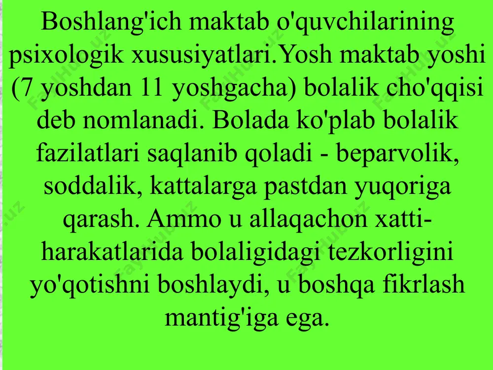 liklarga chalinib, jismoniy va psixik rivojlanishda nuqsonlar paydo bo‘ladi. bunday bolalarda eng avvalo miya strukturasining va nerv psixik jarayonlarining maktabda o‘qish uchun to‘liq etishmaganligi, ko‘ruv harakat koordinatsiyasi va kichik motorikaning rivojlanmaganligi, mantiqiy fikr mahsuldorligining pastligi kuzatiladi. undan tashqari motivatsiya, irodaviy jihatlarining ayniqsa, ixtiyoriy diqqat va xotiraning shakllanmaganligi, xatti-harakatlarni ixtiyoriy boshqaruvdagi muammolar, bir so‘z bilan aytganda hali “o‘quvchi ichki pozitsiya”sining shakllanmaganligi maktabda o‘qishga tayyor bo‘lmagan bolalarning muqaffaqiyatli o‘zlashtirib ketishlariga salbiy ta’sir ko‘rsatadi. maktabda o‘qishning boshlanishi 7 yoshda bo‘ladigan uchinchi fiziologik krizis bilan mos keladi( bola organizmida jadal bo‘yning o‘sishi, ichki organlarning kattalashuvi, vegetativ o‘zgarishlar bilan bog‘liq bo‘lgan keskin endokrin o‘zgarishlar ro‘y beradi). 6-7 yoshli maktabga tayyor bolada "men shuni xohlayman” motividan "men shuni bajarishim kerak" motivi ustunlik qila boshlaydi. maktabda birinchi sinfga kelgan har bir o‘quvchida psixik zo‘riqish kuchayadi. bu nafaqat uning jismoniy salomatligida, balki xatti-harakatida ham, masalan, ma’lum darajada qo‘rquvni kuchayishi, irodaviy faollikning susayishida namoyon bo‘ladi. bolaning ijtimoiy munosabatlar tizimi …