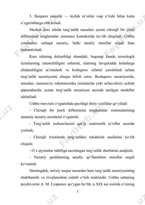 o‘ynaydi. 1-teorema. bir jinsli (1) differensial tenglamalar sistemasining yechimi turg‘un bo‘lishi uchun, uning fundamental matritsasi oraliqda chegaralangan bo‘lishi zarur va yetarli. 2-teorema. bir jinsli (1) differensial tenglamalar sistemasining yechimi asimptotik turg‘un bo‘lishi uchun ushbu munosabatning bajarilishi zarur va yetarli. bu yerda belgi - matritsaning normasini bildiradi. 3-teorema. bir jinsli (1) differensial tenglamalar sistemasining yechimi turg‘un bo‘lmasligi uchun matritsaning oraliqda chegaralanmagan bo‘lishi zarur va yetarli. endi yuqoridagi teoremalarning isbotlarini keltiramiz. isbot (1-teorema) zaruriyligi. aytaylik (1) differensial tenglamalar sistemasining yechimi turg‘un bo‘lsin. u holda ixtiyoriy soni uchun shunday soni topilib (5) tengsizlikning bajarilishidan ushbu (6) bahoning o‘rinli bo‘lishi kelib chiqadi. avvalo (4) tenglikni quyidagicha yozib olamiz: . (7) bu tenglikda quyidagi , munosabatlardan va (6) tengsizlikdan foydalansak ushbu (8) bahoga ega bo‘lamiz. bundan kelib chiqadi. bu esa matritsaning oraliqda chegaralanganligini ko‘rsatadi. yetarliligi. aytaylik matritsa oraliqda chegaralangan, ya’ni shunday m>0 soni mavjud bo‘lib baho o‘rinli bo‘lsin. bu holda (1) sistemaning ixtiyoriy yechimi uchun …