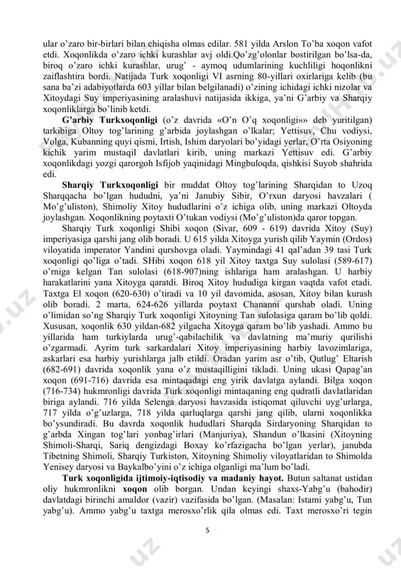 madaniyat yodgorliklari saqlanib qolgan. bular eftaliy shohlari yozgi qarorgohi-varaxsha yodgorligi (v asr), xorazm viloyati hududidagi firqal’a (qiyot-beruniy yaqinida), buxoro viloyatida poykend, termiz yaqinidagi bolaliktepadan topilgan saroy va boshqalardir. shunday qilib, v asr o’rtalarida tashkil topgan eftaliylar davlati vi asrning o’rtalariga kelib, markaziy hokimiyatning zaiflashuvi va kichik-kichik mayda hukmdorlarning raqobatlari natijasida asta-sekin yemirila boshladi. ta’kidlash joizki, milodiy v asr oxiri - vi asr o’rtalarida eftaliylar davlati hindistonda ham mavjud bo’lgan. bu davlat eftaliylarning hindistonga bostirib kirishi natijasida vujudga kelgan. u shimoliy hindiston, pokiston va janubiy-sharqiy afg’oniston hududidan iborat bo’lgan. mazkur davlat to’ramon va uning vorisi mixirakula davrida kuch- qudratga to’lib, ravnaq topgan. vi asr o’rtalariga kelib tanazzulga yuz tutgan. turk xoqonligi. vi asrning o’rtalariga kelib oltoy, yettisuv va o’rta osiyodagi turli qabilalar va xalqlar birlashib katta turk xoqonligi davlatini tashkil qildilar. lekin bundan vi asrga qadar turkiyzabon xalqlar va ularning davlat uyushmalari bo’lmagan deb bo’lmaydi. xususan, turkshunos olimlar i. bichurin, n. …