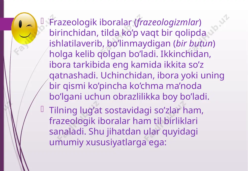 alarda so’zlar orasidagi garmmatik aloqa sezilib tursa-da, ular gap bo’laklariga ajralmaydi, balki butun holda bitta sintaktik vazifa bajaradi. masalan, yulduzni benarvon uradigan yigitlar – o’shalar gapidagi yulduzni benarvon uradigan iborasi to’ldiruvchi, hol va kesimga ajralmaydi, balki butun holda bitta birikmali aniqlovchi vazifasini bajaradi. frazeologik birlashmalar so’z kiritish tarkibidagi so’zlar o’rnini o’zgartirish so’zlardan birini boshqa ma’nodagi so’z bilan almashtirish frazeologizmlarning bu turida ham ibora butun holda ko’chma ma’noda qo’llaniladi, ammo uning ma’no tarkibidagi so’zlarning ma’nosi bilan o’zaro bog’lanmaydi. masalan, o’takasi yorildi iborasi butun holda ko’chma ma’noni – qattiq qo’rqdi ma’nosini ifodalaydi, ammo bu ma’no ibora tarkibidagi o’taka(si) yorildi so’zlarining na real, na ko’chma ma’nolari bilan bog’liq emas. xuddi shu singari yuzi shuvut bo’ldi iborasi butun holda “uyaldi” ma’nosini ifodalaydi, ammo bu ma’no har iboralar tarkibidagi yuzi shuvut so’zlarining ma’nolari bilan hech qanday umumiylikka ega emas. frazeologik chatishma tarkibidagi ba’zi so’zlarning ma’nosi eskirgan (yoki unutilgan) bo’lishi mumkin. masalan, gulnor doqiyunusdan qolgan kavushini …