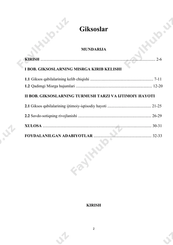 liy tarixni milliy ruh bilan yaratish kerak. aks holda, uning tarbiyaviy ta’siri bo‘lmaydi. biz yoshlarimizni tarixdan saboq olish, xulosa chiqarishga o‘rgatishimiz, ularni tarix ilmi, tarixiy tafakkur bilan qurollantirishimiz zarur. buning uchun, avvalo, o‘zbekistonda tarix fanini 2030-yilgacha rivojlantirish konsepsiyasini ishlab chiqishimiz vaqti-soati keldi, deb o‘ylayman. tarix institutini bu fanni rivojlantirish bo‘yicha tayanch ilmiy muassasa etib belgilash kerak”, — dedi prezident shavkat mirziyoyev. birinchi prezidentimiz i. a. karimovning “tarixga murojaat qilar ekanmiz, u xalq xotirasi ekanligini nazarda tutishimiz kerak.xotirasiz barkamol kishi bo‘lmaganidek, o‘z tarixini bilmagan xalqning kelajagi ham bo‘lmaydi” degan fikrlarni aytib o’tgan[footnoteref:1]. biz tanlagan mavzu ham bugunning dolzarb mavzusi hisoblanib, uni ilmiy nuqtai nazardan tadqiq etib, manbalar, arxiv hujjatlari orqali xolislik bilan yaqindan o`rganib, fanga yangiliklar kiritish, bugun va kelajak avlodni haqqoniy tarixdan boxabar etish mavzuning dolzarbligini tashkil qiladi. [1: karimov i. a. tarixiy xotirasiz kelajak yo‘q. toshkent., “sharq”., 1998.] darhaqiqat, giksoslar ko'proq diplomatik ta'sirga ega bo'lib, madaniyat, til, harbiy ishlarda …