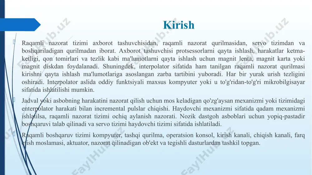 k: x o'qi vagonning uzunlamasına siljishi uchun va z o'qi minoraning lateral siljishi uchun ishlatiladi. ilovalar u metall, duradgorlik, duradgorlik, plastmassa, elektron bosma sxemalarni va boshqalarni modellashtirishda ishlatilishi mumkin. mashinada cnc tizimini qo'llash - bu ish samaradorligini oshiruvchi va shu bilan birga an'anaviy dastgohlar yordamida bajarilishi qiyin bo'lgan operatsiyalarni shakllantirishga imkon beradi, masalan, o'lchamli aniqlikni yuqori darajada ushlab turganda, sharsimon sirtga erishish. va nihoyat, foydalanish kompyuterlashtirilgan raqamli boshqaruv bu ko'plab mashinalarning ishlab chiqarish xarajatlarini kamaytirish va sifatini yaxshilash orqali ishlab chiqarish xarajatlariga ijobiy ta'sir ko'rsatadi. diskret vaqt tizimlarining xossalari diskret vaqt tizimlarining xossalari ketma -ketligining ta'siri, uzatilishi va o'zgarishi bilan bog'liq. tekshirish signallari ma'lum bir vaqt oralig'ida dsning alohida nuqtalariga keladi. har qanday dsning o'ziga xos xususiyati - impulsli elementlarning (ie) mavjudligi, uning yordamida uzluksiz miqdorlarni diskret signallar ketma -ketligida o'tkazish. zamonaviy boshqaruv nazariyasida maxsus matematik apparatga asoslangan diskret tizimlarni o'rganishning universal usuli - diskret laplas transformatori mavjud, bu esa …