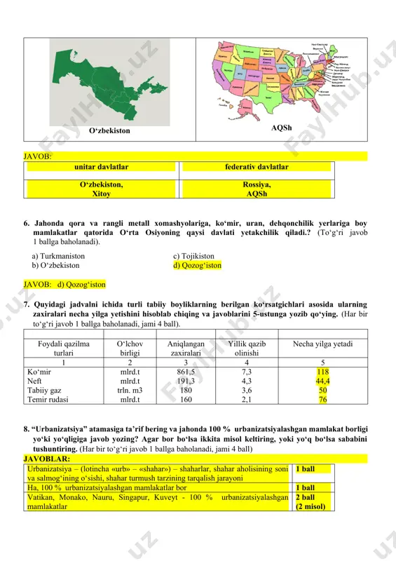 uveyt - 100 % urbanizatsiyalashgan mamlakatlar 2 ball (2 misol) 9. quyida berilgan rasmlarda qanday irq vakillari tasvirlanganligini jadvalda yozib chiqing. (har bir to‘g‘ri javob 1 ballga baholanadi, jami 4 ball) 1 2 3 4 mongoloid yevropeoid negroid avstraloid 10. quyida berilgan rasmlarni jadvalda ko‘rsatilgan global ekologik muammolarga to‘g‘ri keladiganlarini ajratib oling. (har bir to‘g‘ri javob 1 ballga baholanadi, jami 13 ball) issiqxona samarasi, global isish ozon qatlamining yemirilishi (ozon tuynuklari) cho‘llashish muammosi o‘rmonsizlanish chuchuk suv tanqisligi javob 1,6,8 2,4,12,13 9,11 3,10 5,7 1 2 3 4 5 6 7 8 9 10 11 12 f, cl, c 13 image7.jpeg image8.jpeg image9.png image10.jpeg image11.jpeg image12.jpeg image13.jpeg image14.jpeg image15.jpeg image16.png image17.jpeg image18.png image19.png image20.jpeg image21.jpeg image1.png image2.jpeg image3.jpeg image4.png image5.png image6.jpeg