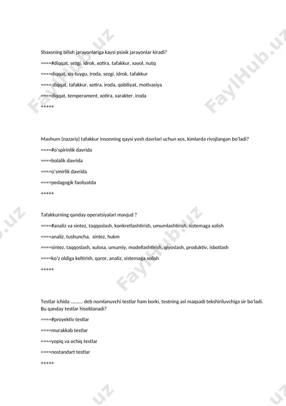 ining empirik (amaliy) metodlari turkumidan muhim o'rin egallagan, diagnostik xususiyatli metodlaridan biri bu -...? ====#kuzatish ====biografiya ====tipiklashtirish ====psixologik eksperiment +++++ temperament deb nimaga aytiladi? ====#insonning xatti-harakati va faoliyatida namoyon bо‘luvchi shaxsiy psixologik xususiyatlarning yig’indisiga temperament deyiladi ====kishining hulq-atvorini xarakterlaydigan, uning tug'ma xususiyatlariga dahldor bo'lgan xatti-harakatlar majmui temperament deyiladi ====odamning psixik jarayonidagi ijobiy ta‘sirlar yig’indisi temperament deb ataladi ====insonning ichki kechinmalari, dunyoqarashi va fikrlash jarayoni temperamentdir +++++ temperamentning necha tipi mavjud? ====#4 ta ====2 ta ====5 ta ====3 ta +++++ kasbiy saralash deganda nimani tushunasiz? ====#kasbiy saralash – muayyan kasbni muvaffaqiyatli ravishda egallab, o'z oldiga qo'ygan fuqarolik (xususiy) burchini yuqori saviyada ado eta biladigan shaxslarni ajrata olishdan iborat jarayondir ====kasbiy saralash - o'quvchilarni bilim, ko'nikma va malakalar bilan qurollantirish, axloqiy malaka va ko'nikmalarini, ehtiyoj va intilishlarini tarkib toptirishdan iborat ====kasbiy saralash yosh avlodni jamiyatimizda qabul qilingan odob-axloq qoidalariga mos keladigan e'tiqodini, axloqiy malaka va ko'nikmalarini, ehtiyoj va intilishlarini tarkib toptirishdan iborat …