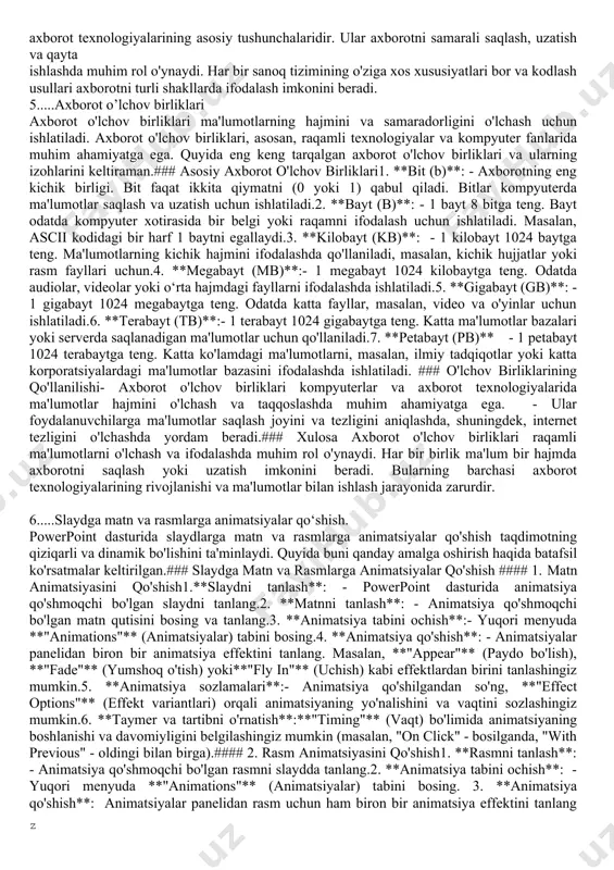 orqali**: - ish stolida powerpoint ikonkasi bo'lsa, uni bosib dastur ochiladi. ### dastur interfeysi powerpoint interfeysi bir nechta asosiy qismlardan iborat: 1. **menyu satri**: - yuqorida joylashgan menyular (file, home, insert, design, transition, animation, slide show, review, view) yordamida turli xil funksiyalarni bajarish mumkin. 2. **asosiy asboblar paneli**:- har bir menyu ochilganda, ularga tegishli asboblar va funksiyalar ko'rsatiladi. masalan, **home** menyusida matn formatlash, slaydlarni boshqarish asboblari mavjud. 3. **slayd paneli**: - chap tomonda slaydlar ro'yxati joylashgan. bu yerda slaydlar qo'shish, o'chirish yoki tartibini o'zgartirish mumkin. 4. **ish maydoni**: - o'rta qismda tanlangan slaydning ko'rinishi. bu yerda slaydga matn, rasm yoki boshqa elementlar qo'shishingiz mumkin. 5. **status paneli**: - pastda joylashgan status paneli slaydning raqami, taqdimot rejimi va boshqa muhim ma'lumotlarni ko'rsatadi. 6. **qidiruv paneli**: - dastur interfeysining yuqori qismida joylashgan bo'lib, kerakli asbob yoki funksiyani tezda topishga yordam beradi.### xulosa powerpoint dasturi taqdimotlar yaratish uchun qulay va intuitiv interfeysga ega. …