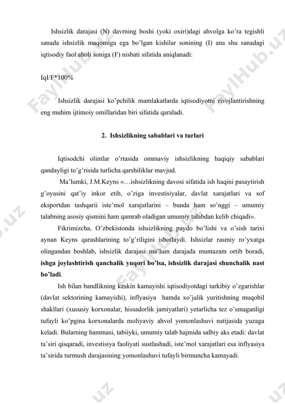 lashuvi tufayli birmuncha kamayadi. demak, o’zbekistonda ishsizlik o’sishining asosiy sababi – eng avvalo ishlab chiqarishning qisqarishidir. iqtisodiy o’sish dinamikasi bilan ishsizlik o’rtasidagi aloqa uzviy bog’liq ko’rsatkichlardir. qoidaga ko’ra, g’arb iqtisodchilari iqtisodiy o’sish sur’atlarini aholi ish bilan bandligining o’sish sur’atlari bilan, tanazzulni esa ishsizlik darajasining o’sishi bilan bog’laydilar. haqiqatdan ham, industrial turdagi normal ishlayotgan bozir iqtisodiyotida iqtisodiy o’sish doimo tarmoqlarning rivojlanishi va kengayishini, demak, ish bilan bandlikning ortishini anglatadi. shunday bo’lsada, rivojlanayotgan mamlakatlarda bunday bog’liqlik ko’zga ochiq tashlanmaydi. masalan, ko’pgina rivojlanayotgan mamlakatlarda sanoatning tez o’sishi ish bilan bandlikning muvofiq kengayishini keltirib chiqarmadi. iqtisodchilar bu hodisani sanoatdagi o’sish sur’atlaridan ancha yuqori bo’lgan urbanizasiya sur’atlari hamda qishloqdan shaharga ko’chib kelayotgan aholi malakasining pastligida deb izohlaydilar. aholining ish bilan bandlik dinamikasi, yaim bilan ishsizlik o’rtasidagi bevosita aloqaning tasdiqlanmasligi dastlabki qarashda mantiqan zid hodisadir. ikkita dalil kishini hayratga soladi: birinchidan, ishsizlikni yaimning o’sishiga qiyosan ilgarilovchi qisqarishi; ikkinchidan, ish bilan bandlikning kamayishi bilan birga ishsizlikning qisqarishi. …