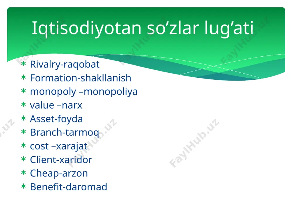 va uning natijasida alohida tovarrlarning jahon narxlari shakllanadi. tartibsiz (stixiyali) raqobat - bozor kuchlarining ta`sirida, tabiiy ravishda ro`y beradi. tartibga solinadigan raqobat – madaniylashgan tarzda va ma`lum me`yorlar doirasida sodir bo`ladi. narxning raqobat vositasi sifatida qo`llanish darajasiga qarab narx yordamidagi va narxsiz raqobat ajratiladi. raqobatlashishda g`ayrioddiy usullar (josuslik, qotillik, zo`ravonlik va h.k.) ning qo`llanish darajasiga ko`ra halol va g`irrom raqobat farqlanadi. raqobat usullari: narx yordamida narxsiz narx vositasida raqobatlashishda ishlab chiqaruvchilar o`z tovarlarining narxini raqiblari tovarlari narxidan pasaytirish orqali iste`molchilarni og`dirib olish va bozordagi mavqeini mustahkamlashga harakat qiladi. narxsiz raqobatda raqobatlashish vositasi sifatida narxdan tashqari omillardan foydalanib tovar sotish hajmini ko`paytirib borishga harakat qilinadi. narx yordamida raqobatlashish: > bunda yirik ishlab chiqaruvchilar raqiblarini tarmoq (bozor) dan siqib chiqarish uchun tovarlariga narxlarini vaqti – vaqti bilan va uzoq muddat pasaytirib turadi. demping narxlarini qo`llash bunda milliy ishlab chiqaruvchilar o`zlarining tovarlarini boshqa mamlakatlarga ichki bozordagi narxlardan, ayrim hollard tan narxdan ham past …