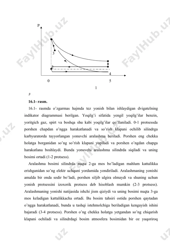 tel silindridagi porshen bir sikl davomida to’rtta yurish (takt) bajaradi-so’rish, siqish, aralashma yonib tugaganidan keyin kengayish, yonish mahsulotlarini atmosferaga chiqarish. tahlil qilish qulay bo’lgan ideallashtirilgan otto siklini (16.2-rasm). ko’rib chiqamiz. ichki yonuv dvigatelining sikli berk sikl, siklning ishchi jis​mi ideal gaz, uning miqdori dvigatelda o’zgarmasdan qoladi deb faraz qilamiz. p t 3 q1 3 4 2 4 2 q2 1 1 s 16.2– rasm. u holda ishchi jismga issiqlik q1 ning keltirilishi esa tashqi qizigan manbadan izoxorik protsess 2-3 da silindrning devorlari orqali bajariladi va mos ishchi jismdan soviq manbaga issiqlik olinishi izoxorik protsess 4-1 da amalga oshiriladi deb hisoblash mumkin. bu siklda siqish (1-2) va kengayish (3-4) protsesslari juda qisqa vaqt ichida sodir bo’lishi tufayli, bu vaqt ichida ishchi jism atrofidagi muhit bilan sezilarli darajada issiqlik almashmaydi va shu sababli bu protsesslarni adiabatik protsess deb hisoblash mumkin. otto sikli termik f.i.k.ning qiymatini issiqlik sig’imi cv va adiabata ko’rsatkichi k …