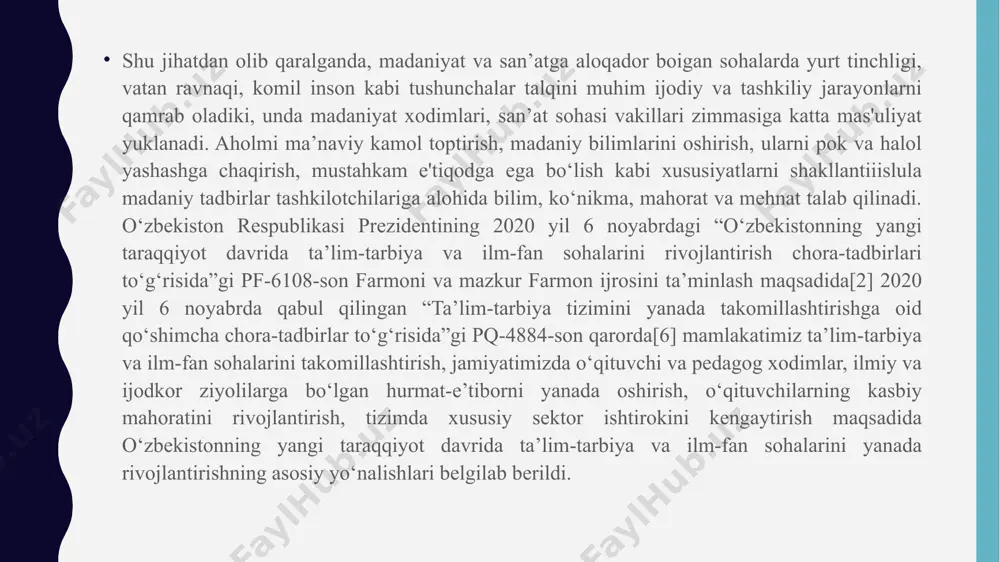 lanish tarbiya ta'siri ostida boradi.shaxsning fazilatlarini to‘g‘ri ko‘rish va bexato baholash uchun uni turli munosabatlar jarayonida kuzatish lozim.demak, shaxsni rivojlantirish vazifasini to‘g‘ri hal etish uchun uning xulqiga ta’sir etuvchi omillar hamda shaxs xususiyatlarini yaxshi bilish zarur. tarbiya bolaga samarali ta'sir etishi uchun o‘sish va rivojlanish qonuniyatlarini bilish va hisobga olish maqsadga muvofiq. shunday qilib, rivojlanish va tarbiya o‘rtasida ikki tomonlama aloqa mavjud. 1.2.shaxsning ma’naviy axloqiy tarbiyasini shakllantirish tarbiyalanayotgan barkamol avlodda ya'ni bo‘lajak mutaxassislarda ma'naviy-axloqiy sifatlarni shakllantirish ko‘p qirrali va murakkab jarayondir. talabalarning ma'naviy-axloqiy shakllanishi bir-biri bilan uzviy bog‘liq va biri ikkinchisini taqozo qiladigan yaxlit ta'lim-tarbiya ishlarini muntazam va izchil ravishda bajarishni talab etadi. tarbiyaviy ta'sir o‘tkazishning aniq va mukammal tizimi, yaxlit tizimli yondashuvgina ma'naviy-axloqiy tarbiyaning samaradorligini ta'minlaydi. tarbiyaviy ishda mukammal tizimning mavjudligi bir xil ishni ortiqcha takrorlayvermaslikka, talabaga nisbatan biri ikkinchisiga to‘g‘ri kelmaydigan qarama-qarshi ta'sirlarning oldini olishga, bo‘lajak mutaxassislarga bir xil talablar qo‘yish va yaxlitlik bilan ta'sir o‘tkazishga imkon beradi. …