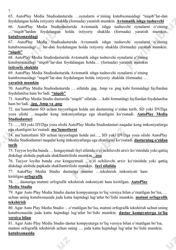 talab qilin-maydi. autoplay media studio 51. …. foydalanuvchi faqat turli dizaynli dasturiy muhitni tanlash uchun bir nechta tayyor shakllardagi loyiha shablonlaridan foydalanishi mumkin. autoplay media studio 52. amaliy dastur uchun grafik qobiqlarni yaratish, uni avtmatik ishga tushirish uchun … barcha kerakli fayllarni o‘zi yaratadi. autoplay media studio 53. autoplay media studio foydalanuv-chilar zimmasiga esa faqat … qattiq disk va kompakt diklarni yozish uchun tayyor loyihalarni shakllantirish vazifasi qoladi 54. 2008-yilning 12-martida indigo rose sorparition kompaniyasi … iste’molga chiqardi. autoplay media studio7.1.1007.0 versiyasini 55. … indigo rose sorparition kompaniyasi autoplay media studio7.1.1007.0 versiyasini iste’molga chiqardi. 2008-yilning 12-martida 56. 2008-yilning 12-martida … kompaniyasi autoplay media studio7.1.1007.0 versiyasini iste’molga chiqardi. indigo rose sorparition 57. dastur foydalanuvchilarga ob’ektlarni o‘zaro bog‘lashni amalga oshirishga yordam beradigan yuzlab vositalarni taqdim eta oladi. autoplay media studio 58. autoplay media studiodasturi muhitida …kabi qator tizimlarda yaratilgan hujjatlarni ham bemalol qayta ishlash mumkin. visual basic, visual c++, java, macromedia flash …