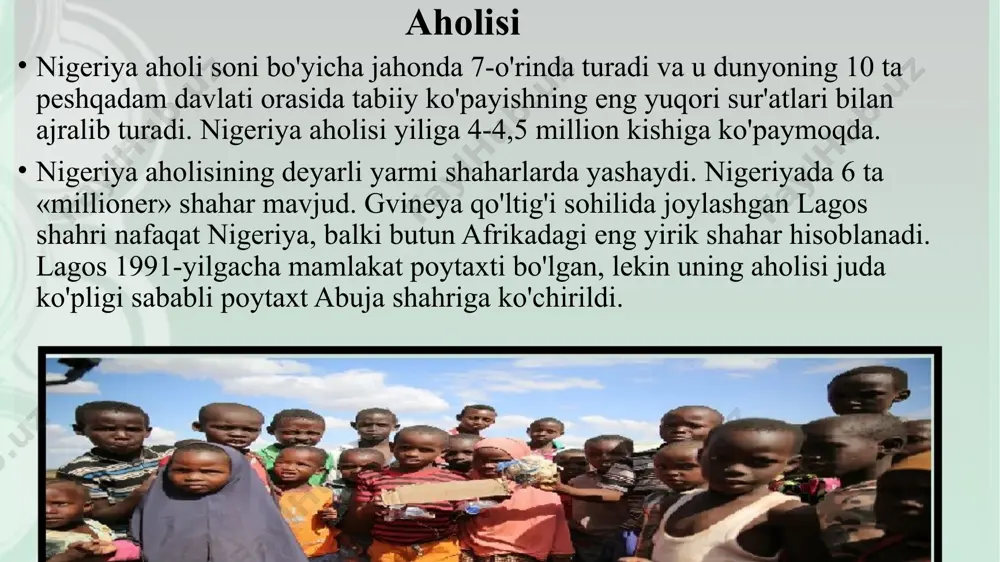 irigi niger daryosi hisoblanadi. u gvineya qo'ltig'iga quyilishida katta deltani hosil qiladi. niger deltasi mamlakatning muhim iqtisodiy rayoni hisoblanadi. nigeriya tropik afrikadagi aksariyat mamlakatlar singari ko'pmillatli davlat bo'lib, aholisining etnik tarkibi 250 tadan ziyod mahalliy millat va elatlardan iborat. eng yirik millatlari - xausa, yoruba va igbo (har biri jami aholining tahminan 20 % ini tashkil qiladi). davlat tili - ingliz. nigeriyaning shimoliy va g'arbiy shtatlarida islom dini, sharqiy va janubiy shtatlarida esa xristian dini ko'proq tarqalgan. aholi zichligi mamlakatda o'rtacha hisobda 1 km2 ga 200 kishidan ziyodroq bo'lsa, qirg'oqbo'yi hududlarida bundan 3-4 barobar yuqoridir. iqtisodiyoti nigeriya yimning umumiy hajmi bo'yicha afrikada 1-o'rinda turadi, yimning aholi jon boshiga to'g'ri keladigan miqdori esa uncha yuqori emas - 6 000 aqsh dollari atrofida. ammo bu tropik afrikadagi ko'p davlatlarga nisbatan birmuncha balandroq ko'rsatkichdir (mintaqa bo'yicha o'rtacha ko'rsatkich 3 600 aqsh dollariga teng). mamlakat iqtisodiyotining asosi va davlat byudjeti daromadining bosh manbayi - …