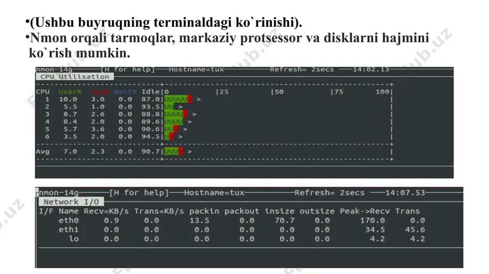 shbu ma’lumotlar top, htop yoki mpstat kabi vositalar orqali olingan bo‘lishi mumkin. tushuntirish: usr (foydalanuvchi jarayonlari): cpudan foydalanayotgan foydalanuvchi jarayonlari foizi. sys (tizim jarayonlari): cpudan foydalanayotgan tizim jarayonlari foizi. idl (bo‘sh holat, idle): cpu band bo‘lmagan vaqtdagi foiz (yashil rangda). wai (i/o kutish, wait): cpu disk yoki boshqa i/o operatsiyalarini kutayotgan vaqt foizi. hiq (hardware interrupts): apparaturaviy uzilishlar foizi. siq (software interrupts): dasturiy uzilishlar foizi. tahlil: ko‘pgina satrlarda idl (bo‘sh holat) 87-94% atrofida – bu shuni anglatadiki, tizimning aksariyat vaqti band emas, ya’ni yuklanish past. usr ustuni 5-10% oralig‘ida – foydalanuvchi jarayonlari biroz resurs talab qilmoqda, lekin katta yuk yo‘q. sys ustuni doimiy 2-5% atrofida – tizim jarayonlari ozgina cpu ishlatmoqda. oxirgi qatorda idl 75% ga tushgan – bu cpu yuklanishi oshganini bildiradi, ehtimol, og‘irroq jarayon ishlay boshlagan. $ dstat -cdl -d sda1 (ushbu buyruqning terminaldagi ko`rinishi). opsiya -d disk haqida ma‘lumot beradi: image1.png image2.png image3.png image4.png image5.png image6.png image7.png …