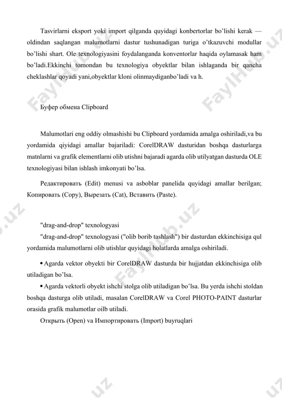 сунок (ореn drawing) mulahot oynasi chiqadi,bu yerda faylni qaysi jildda va qaysi fayl ekanligini ko’rsatish kerak. bu erda просмотр (preview)dagi bayroqchni belgilash natijasida fayllar ichidagi malumotlar ko’rsatiladi. agarda faylni uqich mumkin bo’lmasa yoki boshqa sabablarga bogliq uqilmasa ko’rish oynasida krest belgisi chiqariladi. ko’rish maydoni tagida fayl haqida malumotlar chiqariladi: · версия документа (file version) satrida hujjat saqlangan dasturning versiyasi beriladi; · степень сжатия (compression ratio) satrida faylni siqilish foyizini ko’rsatadi (vektor formati uzi ixcham o’lchami kichik bo’ladi, shunga qaramastan dastur faylni avtomatik tarizda siqadi.); · сохранен (last saved by) satri dasturni versyasi haqida malumot beradi (platformasi) va unig relizi (masalan, build 337). ключевые слова (keywords) va примечания (notes) foydalanuvchiga kerakli faylni tez qidirib topib berishda yordam beradi. agarda berilgan malumot faylni saqlagan paytda kiritilgan bo’lsa. сохранить слои и страницы (maintain layers and pages) bayroqchasi hujjatdagi qatlomlar ,sahifalar haqida konvertattsia qilishni taminlaydi, cdr dan boshqa formatda bo’ladi. menuning файл (file), va …