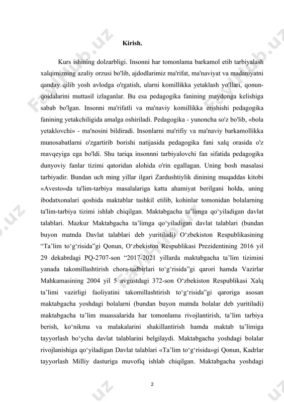 ing 2016 yil 29 dekabrdagi pq-2707-son “2017-2021 yillarda maktabgacha ta’lim tizimini yanada takomillashtirish chora-tadbirlari to‘g‘risida”gi qarori hamda vazirlar mahkamasining 2004 yil 5 avgustdagi 372-son o‘zbekiston respublikasi xalq ta’limi vazirligi faoliyatini takomillashtirish to‘g‘risida”gi qaroriga asosan maktabgacha yoshdagi bolalarni (bundan buyon matnda bolalar deb yuritiladi) maktabgacha ta’lim muassalarida har tomonlama rivojlantirish, ta’lim tarbiya berish, ko‘nikma va malakalarini shakillantirish hamda maktab ta’limiga tayyorlash bo‘ycha davlat talablarini belgilaydi. maktabgacha yoshdagi bolalar rivojlanishiga qo‘yiladigan davlat talablari «ta’lim to‘g‘risida»gi qonun, kadrlar tayyorlash milliy dasturiga muvofiq ishlab chiqilgan. maktabgacha yoshdagi bolalar rivojlanishiga qo‘yiladigan davlat talablari aniq bir yoshdagi bolaning rivojlanish standartlarini va bolaning yutuqlari va rivojlanish darajasini baholash imkoniyatini beruvchi indikatorlarni belgilaydi. davlat talablarini ishlab chiqish asosida bola shaxsi rivojlanishining 4 ta yo‘nalishi olingan (jismoniy rivojlanish, o‘z o‘ziga xizmat va gigiyena; ijtimoiy - hissiy rivojlanish; nutq, o‘qish va savodga tayyorgarlik; bilish jarayoni, atrof olam to‘g‘risidagi bilimga ega bo‘lish va uni anglash). bu 4 ta yo‘nalish bo‘limlarga bo‘linib, …