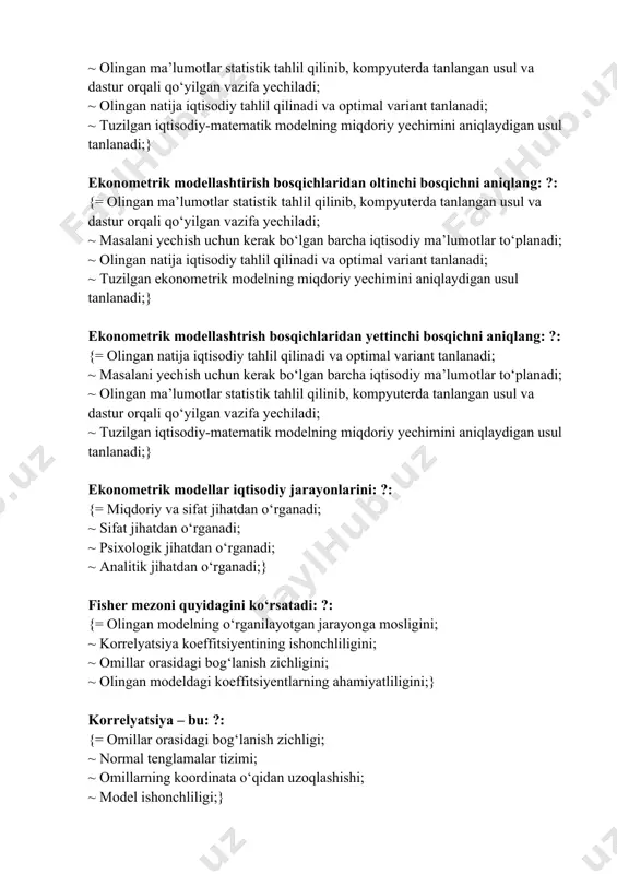 langan usul va dastur orqali qо‘yilgan vazifa yechiladi; ~ olingan natija iqtisodiy tahlil qilinadi va optimal variant tanlanadi; ~ tuzilgan iqtisodiy-matematik modelning miqdoriy yechimini aniqlaydigan usul tanlanadi;} ekonometrik modellashtirish bosqichlaridan oltinchi bosqichni aniqlang: ?: {= olingan ma’lumotlar statistik tahlil qilinib, kompyuterda tanlangan usul va dastur orqali qо‘yilgan vazifa yechiladi; ~ masalani yechish uchun kerak bо‘lgan barcha iqtisodiy ma’lumotlar tо‘planadi; ~ olingan natija iqtisodiy tahlil qilinadi va optimal variant tanlanadi; ~ tuzilgan ekonometrik modelning miqdoriy yechimini aniqlaydigan usul tanlanadi;} ekonometrik modellashtrish bosqichlaridan yettinchi bosqichni aniqlang: ?: {= olingan natija iqtisodiy tahlil qilinadi va optimal variant tanlanadi; ~ masalani yechish uchun kerak bо‘lgan barcha iqtisodiy ma’lumotlar tо‘planadi; ~ olingan ma’lumotlar statistik tahlil qilinib, kompyuterda tanlangan usul va dastur orqali qо‘yilgan vazifa yechiladi; ~ tuzilgan iqtisodiy-matematik modelning miqdoriy yechimini aniqlaydigan usul tanlanadi;} ekonometrik modellar iqtisodiy jarayonlarini: ?: {= miqdoriy va sifat jihatdan о‘rganadi; ~ sifat jihatdan о‘rganadi; ~ psixologik jihatdan о‘rganadi; ~ analitik …