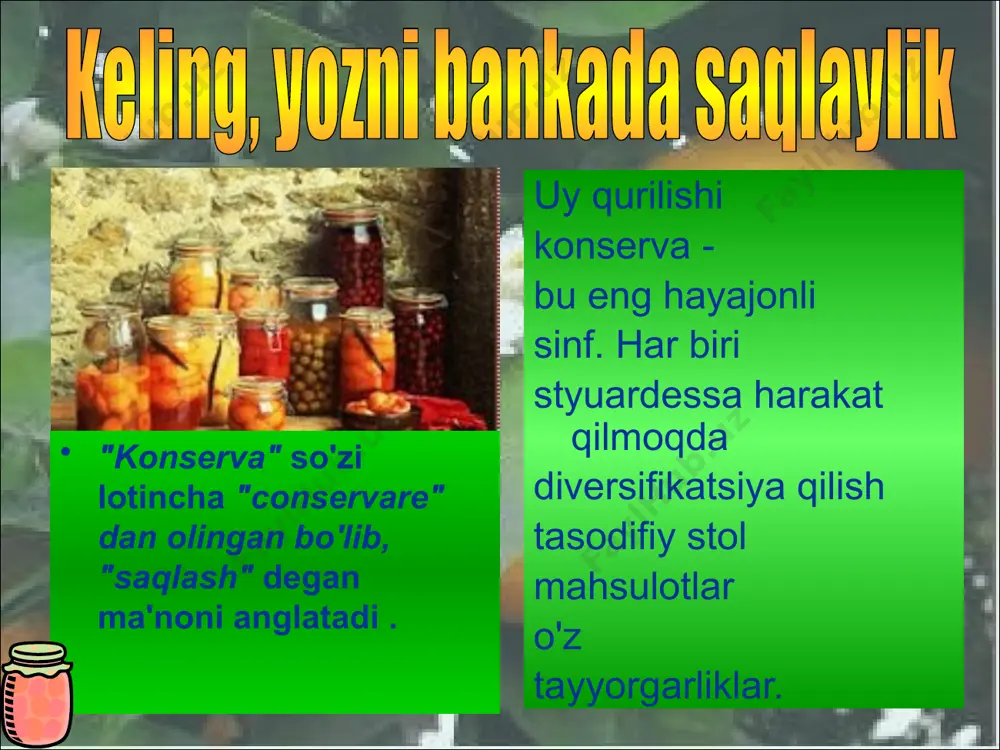 ssiq ishlov berish konservantlardan foydalanish usullari tuzlash peeing tuzlash tuzlangan nordon kombinatsiyalangan usullar konservalash ovqat pishirish bir oz kislotali tuzlash mevalar shisha (250 sm 3 ) 1 dona (grammda) olma - 100-200 o'rik - 25 armut - 135 olxo'ri - 85 gilos 165 30 qulupnay 150 8 tarozisiz tortamiz oqartirish ikki marta pishirish uch marta pishirish issiq quyish pasterizatsiya sterilizatsiya issiqlik bilan ishlov berish oqartirish qaynayotgan suvda mevalarni qisqa vaqt isitib oling. natijada oqsillar koagulyatsiya qilinadi va havo qisman chiqariladi, bu konservalarning tabiiy rangi, ta'mi, aromati va vitamin qiymatini saqlab qolishga yordam beradi. ikki marta pishirish oqartirilgan mevalarni sirop bilan to'kib tashlang (300 ml suv uchun 700 g shakar). 3-4 soatga qoldiring qaynatishga keltiring 5-7 daqiqa davomida pishiring yana 3-4 soatga qoldiring 75% shakar siropi qo'shing (750 g shakar, 250 ml suv) tayyor bo'lgunga qadar pishiring issiq bankalarga issiq soling o c da pasterizatsiya qiling 0,5 l hajmli bankalar - …