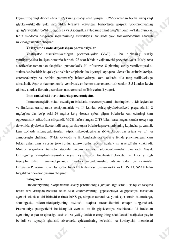 olishi yoki olmasligi xaligacha noaniq. 6 oy-6 yoshgacha bolalarda mycoplazma pneumoniae pnevmoniyani kam xollarda keltirib chiqaradi va 10% ni tashkil qiladi. chlamydia pneumoniae esa, undan xam kam xolatlarda pnevmoniyani chaqiradi. bakterial pnevmoniyalarga, deyarli yarim xolatlarda respirator virusli infeksiya o‘tmishdosh bo‘lib xisoblanadi. kasalxona tashqi pnevmoniya 7-15 yoshli bolalarda tipik pnevmoniyalarning bu yoshdagi bolalarda asosiy bakterial qo‘zg‘atuvchi bo‘lib pnevmokokk xisoblanadi (35-40%) hip deyarli kuzatilmaydi. kam xollarda pnevmoniyani murtaklardan limfogen yo‘l bilan tarqaladigan piogen streptokokk chaqirishi mumkin. maktab yoshida esa, atipik pnevmoniyalarni chastotasi oshadi (20%gacha va undan kup). mycoplazma pneumoniae tomonidan rivojlangan pnevmoniya xam oshadi (7% va undan kup). maktabgacha bo‘lgan davrda va maktab yoshida, mikoplazmalarning axamiyati oshadi. o‘smirlarda pnevmoniya rivojlanishida chlamydia pneumoniae xam muxim rol o‘ynashini ko‘zda tutish lozim (tomokda yaqqol o‘zgarishlar va bo‘yin soxasining yiringsiz limfadeniti bilan kechadi). gospital pnevmoniyalar kasalxona tashqi pnevmoniyalaridan qo‘yidagilar bilan farqlanadi: qo‘zg‘atuvchilar spektri bilan; qo‘zg‘atuvchilarni antibiotiklarga rezistentligi bilan; og‘ir kechishi va asoratlarning chastotasi bilan; yuqori letallik …