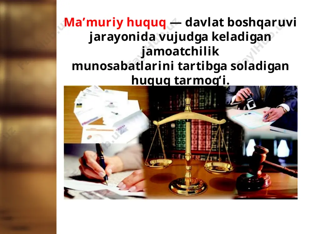 sohalarini tartibga soladigan davlat hukumat organlarining faoliyati bilan chambarchas bog‘liq. jamiyatning hayoti boshqaruvga muhtoj, chunki sanoat ham, qishloq xo‘jaligi ham, madaniyat va ma’rifat ham o‘z-o‘zidan rivojlanmaydi. prezident, davlat boshqaruvi organlarining xizmatchilari, korxonalar, muassasalar, tashkilotlarning mansabdor shaxslari va xizmatchilari, 16 yoshga to‘lgan o‘zbekiston respublikasi fuqarolari, chet elliklar va fuqaroligi bo‘lmagan shaxslar, jamoat birlashmalari ma’muriy huquq subyektlari hisoblanadi. davlat hokimiyatining oliy idorasi — oliy majlis qanday qonunlar qabul qilmasin (harbiy majburiyat, ta’lim tizimini isloh qilish, qo‘shma korxonalar, ijara yoki onalik va bolalikni muhofaza qilish va hokazo), ularning har biri ro‘yobga chiqarilishi kerak. davlat boshqaruvining markaziy idoralariga o‘zbekiston respublikasi vazirlar mahkamasi, qoraqalpog‘iston respublikasi vazirlar kengashi, o‘zbekiston respublikasi va qoraqalpog‘iston respublikasi vazirliklari, davlat qo‘mitalari kiradi. mahalliy hokimiyat idoralariga hokim boshchiligidagi hokimliklar kiradi, ular viloyat, shahar yoki tumanda ijroiya va farmoyish chiqarish hokimiyati bo‘lib, kundalik tezkor ishlarni bajaradi. ijtimoiy muammolarni hal etishda jamoat tashkilotlari ham ishtirok etadi. mahalliy muammolarni hal etishda o‘zini o‘zi boshqaruvchi mahalliy …