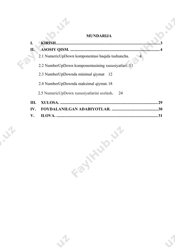turda numberupdown komponentalar, uning xususiyatlari va parametrlari mosligi tushunchalaridan foydalanish kabi vazifalarni o`rganishga olib keladi. kurs ishining maqsadi: c# dasturlash tilida numberupdown komponentasini haqida ma’lumot olish, numberupdown komponentasi bilan c# va visual studioda ishlash, numberupdown komponentasiga xususiyatlari va ularning har bir xususiyatlari va numberupdown komponentasi bilan dastur tuzish. kurs ishining ob’yekti: c# dasturlash tilida numberupdown komponentasi bilan ishlash va uning xususiyatlari haqida o`quvchilarga ma`lumot berishdan iborat. kurs ishining predmeti: c# dasturlash tilida numberupdown komponentasidan foydalanish mazmuni. ii. asosiy qism. 2.1 numberupdown komponentasi haqida tushuncha. windows forms-da numericupdown boshqaruvi windowsning aylanish qutisini yoki raqamli qiymatlarni ko'rsatadigan yuqoriga qarab boshqarish uchun ishlatiladi. yoki boshqacha qilib aytganda, numericupdown nazorati yuqoriga va pastga o'q yordamida harakatlanadigan va oldindan belgilangan raqamli qiymatga ega bo'lgan interfeysni ta'minlaydi. numericupdown sinfi windows-ning yuqoriga qarab oynasini ko'rsatish uchun ishlatiladi, shuningdek, har xil turdagi xususiyatlar, usullar va hodisalarni beradi. bu system.windows.forms nom maydoni ostida aniqlanadi . c # da ikki …