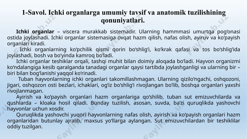 g uzunasiga qarab o‘tadi. bu qavat kelib chiqishi jihatdan silliq muskul to‘qimasiga kirib, vegetativ nerv tolalari bilan harakatga keladi. muskul pardaning har qaysi qavati o‘z tomoniga qisqarib, ichak nayini to‘lqinsimon harakatlantiradi. bunday harakat natijasida ichak nayidagi ovqat surilib, oziq moddalari uning devoriga shimila boradi. agar ichak harkati to‘xtasa, organizmda tez o‘zgarish paydo bo‘lib hayvon tez kasallanadi. ichak devorlarida kuchliog‘riq paydo bo‘ladi. seroz (zordap) parda - tunica serosa ichak nayining tashqi yuzasini o‘rab olgan bo‘ladi. u o‘zidan doim zardob suyuqligi ajratib, ichaklar va boshqa organlar ustini namlab turadi. bunda organlarning bir – biriga ishqalanishi kamayadi. seroz parda to‘siq vazifasini bajarib, organizmni har xil mikrob va bakteriyalardan ham saqlaydi. seroz parda juda nozik biriktiruvchi qavat – seroz parda asosi - lamina propria serosa hamda yassi epiteliy qavat – mezoteliy – mesotheli dan tuzilgan. nay shaklidagi organlarning devorida limfoid hosilalar juda ko‘p bo‘ladi, ular limfoid tugunlar ham deyiladi. bular ichak devoridan shimilib o‘tgan …