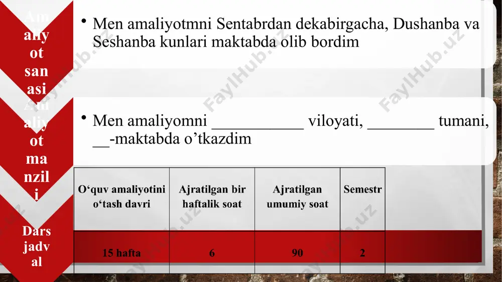opshiriqlarini tuzib chiqdik. keyingi kunda esa oʻqituvchimiz bilan birgalikda 8- sinf oʻquvchilariga ochiq dars oʻtdik. darsimiz "my favourite job" mavzusida boʻldi mavzuga oid turli qiziqarli activitylar va tarqatma materiallar tayyorladik. oʻquvchilar darsda faol qatnashishdi. amaliyotim yakunida… shunday qilib amaliyotim yakuni dekabr oyida ham ish rejamiz boʻyicha bir necha ishlarni amalga oshirdim. men bu oyda maktabdagi yoshlar ittifoqi yetakchisining ishini kuzatdim. oʻqituvchimiz bilan birgalikda oʻzlashtirishi past boʻlgan oʻquvchilar bilan birga ishladik ularga yana darsdan tashqari toʻgarak tashkillashtirib qoʻshimcha tushuntirish ishlarini olib bordik. hamda men bu oyda asosan boshlangʻich sinflar darslarini kuzatdim. shu bilan mening amaliyotim 2024-yil 28-dekabrda yakunlandi. xulosa xulosa qilib shuni aytishim mumkunki, amaliyot davrida men o`quv jarayonida o’rgangan nazariy bilimlarimni amaliyotda o’z ko’zim bilan ko’rish imkoniyatiga ega bo’ldim. amaliyot davrida menda amaliyot subyekti haqida boshlang’ich tushunchalar paydo bo’la boshladi. kelajakdagi ish faoliyatimni tashkillashtirish uchun amaliyot poydevor bo’lib xizmat qila oldi. men amaliyot davomida koʻplab yangi metodlar oʻrgandim va bilgan …