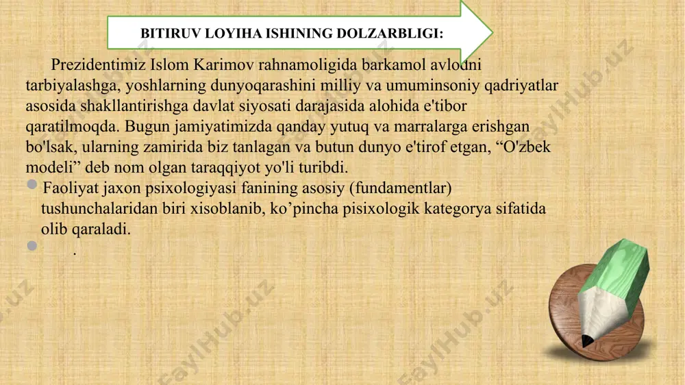 ing qisqasa ta’rifini ayting? «blits-so’rov» usuli xulosa bitiruv loyiha ishining yakunida quyidagi xulosa va takliflarga kelindi: mamlakatimizda chuqur o‘zgarishlar, siyosiy va ijtimoiy–iqtisodiy hayotning barcha tomonlarini izchil isloh etish va liberallashtirish, jamiyatimizni demokratik yangilash va modernizatsiya qilish jarayonlari jadal sur’atlar bilan rivojlanib bormoqda. bunda kuchli fuqarolik jamiyatini shakllantirish yo‘lida belgilab olingan va izchil ravishda amalga oshirilayotgan ulkan vazifalar mustahkam zamin yaratmoqda. bitiruv loyiha ishi mana shu masalalarni amalga oshitish maqsadida «faoliyat psixologiyasi» mavzusi uchun ta’lim texnologiyasi modeli ishlab chiqildi; darsning ta’lim texnologiyasi modelida o‘quv mashg‘ulotining rejasi, darsning maqsadi, kutiladigan o‘quv faoliyati natijalari va mustaqil ishlash uchun topshiriqlar keltirilgan; darsga interfaol o‘qitish usullari qo‘llanilgan (aqliy hujum, klaster, venn diagrammasi, keus topshiriqlari ); bitiruv loyiha ishida keltirilgan materiallar o’quvchilarni ta’lim jarayonining markaziy subyekti sifatida faollashtirishga, ularning xuquqiy bilimlarini oshirishga, darsning maqsadidan kelib chiqqan holda kafolatlangan natijaga olib kelishga hamda ta’lim sifat va samaradorligini oshirishga xizmat qiladi deb o‘laymiz. ish oliy ta’lim ta’limi massasalarida …