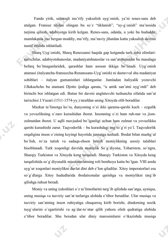 gan. viii asrda uyg`ur xoqonlari moniylikni davlat dini deb e’lon qiladilar. xitoy imperatorlari esa so`g`dlarga xitoy hududlarida ibodatxonalar qurishga va moniylikni targ`ib qilishga ruhsat beradi. moniy va uning izdoshlari o`z ta’limotlarini targ`ib qilishda san’atga, ayniqsa, uning musiqa va tasviriy san’at turlariga alohida e’tibor beradilar. ular musiqa va tasviriy san’atning inson ruhiyatiga chuqurroq kirib borishi, dindorning nozik tuyg`ularini o`zgartirishi va ag`dar-to`ntar qilib yubora olish qudratiga alohida e’tibor beradilar. shu boisdan ular diniy marosimlarni o`tkazishda musiqa san’atidan keng foydalanadilar. ibodatxonalarni bezashda esa tasviriy san’atga alohida o`rin ajratadilar, diniy sujetlardan keng foydalanishadi. bu bilan markaziy osiyo va unga yondosh bo`lgan mintaqalar va davlatlar, jumladan sharqiy turkiston va xitoyda musiqa va tasviriy san’atning rivojlanishiga samarali ta’sir ko`rsatadilar. shuni alohida qayd etish lozimki, turk xoqonligi davridagi haykaltaroshlik va qo`shiqchilik san’atlarining rivojlanishida bud-daviylik va zardushtiylikning o`rni ham beqiyos katta bo`lgan. sababi, buddaviylikda budda ibodatxonalari va stupalar bezagida nafaqat terrakota haykalchalar, balki relyefi va gorelyefi haykallardan ham …