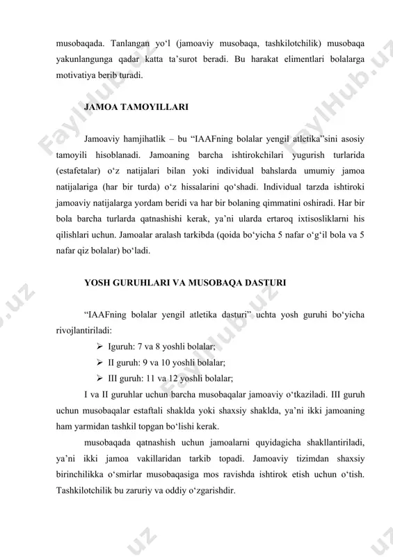hlari mumkin (qisman, kichik yosh toifasida, yoki yangi boshlovchilar uchun). musobaqa barcha turlarini qamrab olishi, ya’ni bolalarga tavsiya etilgan barcha turlarni. musobaqaning qo‘shimcha dasturlarida bolalar yengil atletikaning turlari texnikasini elimentlarini egallashi va bular orqali jismoniy tayyorgarliklarini rivojlantirishga qaratiladi. № musobaqa dasturi i ii iii yosh toifalari 7-8 9-10 11-12 sprint va yugurish turlari guruhi 1 sprint/moksimon yugurish x x 2 “burilishdagi formula”: sprint/g‘ovlar osha yugurish x 3 “burilishdagi formula”: sprint yugurish x 4 sprint/ “slalomli” yugurish x x 5 g‘ovlar osha yugurish x 6 “formula-1” (sprint, g‘ovlar osha yugurish, “slalomli”-yugurish) x x 7 8 daqiqali yugurish x x chidamlilikka yugurishlar 8 “o‘sib boruvchi” chidamlilikka yugurish x x 9 chidamlilikka yugurish 1000 m x sakrash turlari guruhi 10 langarcho‘p bilan sakrash x x 11 langarcho‘pda sakrash yamasi orqali qumga sakrash x 12 arg‘amchida sakrash x 13 “qisqacha” uch hatlab sakrash x 14 o‘tirgan holda oldinga sakrash x x 15 “qisqacha” uzunlikka …