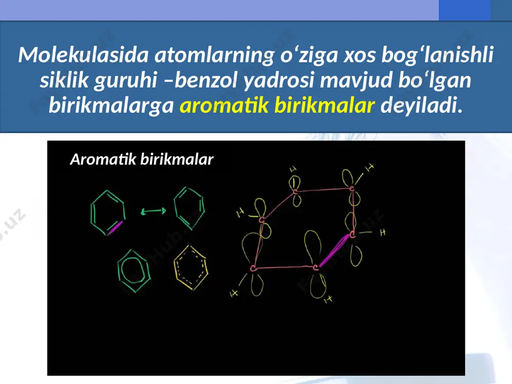 on bulutlarning bir tekis taqsimlanishi buziladi va 2,4,6-holatdagi uglerod atomlarida elektron zichliklari ortadi oksidlanish reaksiyasi benzol oksidlanishga ancha chidamli. undan farq qilib, benzol gomologlari ancha oson oksidlanish reaksiyasiga kirishadi. benzol gomologlariga kuchli oksidlovchilar ta’sir ettirilganda (kmno4) faqat yon zanjir oksidlanadi. birikish reaksiyalari. benzol quyosh nuri ta’sirida birikish reaksiyasiga kirishadi. benzol xlor bilan birikib geksaxlorsiklogeksan (geksaxloran) hosil qiladi. image2.jpg image3.jpeg image4.jpeg image5.emf image6.emf image7.jpeg image8.jpeg image9.png image10.png image11.emf image12.jpeg image13.jpeg image14.jpeg image15.jpeg image16.png image17.png image18.jpeg image19.png image20.png image21.png image22.png image23.png image24.png image25.png image1.jpg