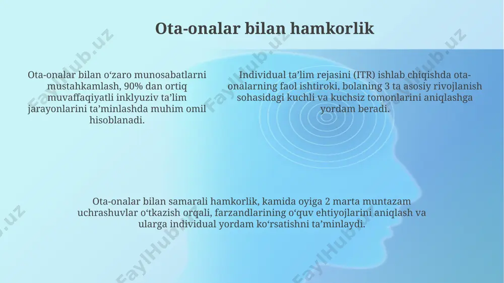 iftidagi materiallar yoki ovozli yozuvlarga ehtiyoj sezadi. samarali inklyuziv o'quv muhitini shakllantirish uchun o'qituvchilar kamida 2 soatlik maxsus treninglardan o'tishi va individual talabalarga moslashtirilgan 5 ta pedagogik strategiyani qo'llashi zarur. kelajakdagi istiqbollar va rivojlantirish inklyuziv ta'limni rivojlantirishda 5 yillik strategiya doirasida individual yondashuvlarni qo'llash va kamida 10% qo'shimcha resurslarni jalb qilish muhim ahamiyat kasb etadi. inklyuziv ta'limning kelajagi 2030-yilga kelib barcha bolalar uchun teng imkoniyatlarni ta'minlashga qaratilgan holda, texnologiyalarni qo'llab-quvvatlash va o'qituvchilarni qayta tayyorlashni o'z ichiga oladi. inklyuziv ta'limning kelajagi 2030-yilga kelib barcha bolalar uchun teng imkoniyatlarni ta'minlashga qaratilgan holda, texnologiyalarni qo'llab-quvvatlash va o'qituvchilarni qayta tayyorlashni o'z ichiga oladi. muvaffaqiyatlarni kuzatish va umumlashtirish muvaffaqiyatlarni kuzatishda kamida 3 ta o'quvchi guruhiga (yuqori, o'rtacha, past yutuqlarga erishganlar) bo'linadi va har bir guruhdagi rivojlanish dinamikasi alohida tahlil qilinadi. umumlashtirish jarayonida 5 dan ortiq muvaffaqiyatli qo'llanmalar va 2 ta samarali bo'lmagan strategiya namunalari taqqoslanib, sabab-oqibat bog'lanishlari aniqlanadi. individual qo'llab-quvvatlashning 7 xil shakli (masalan, pedagogik, …