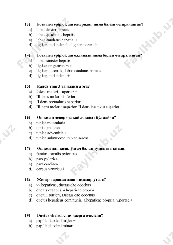duodeni minor c) villi intestinales d) plica longitudinalis duodeni, plica circularis duodeni 20) esophagus қисмларини кўрсатинг: a) pars tubaria, pars thoracicae b) pars abdominalis , pars pelvinae c) pars cervicalis, pars thoracicae, pars abdominalis + d) pars esophagea, pars palatine 21) ventriculusга кириш тешиги бу: a) ostium cardiacum + b) canalis esophagea c) ostium fibrosa d) ostium laringea 22) узуксимон тогай кандай қисмлардан ташкил топган? a) arcus et cornu b) lamina et arcus + c) arcus et facies articularis d) lamina et cornu e) pars anterior et pars posterior 23) хиқилдоқ бўғимларини кўрсатинг a) art.cricoarytenoidea, art.thyroepiglottica b) art.cricothyroidea, art.hyoepiglottica c) art.cricothyroidea, art.cricoarytenoidea + d) art.hyoepiglottica, art.thyroepiglottica e) art.thyroaritenoidea, art.cricoarytenoidea 24) хиқилдоқ бойламларини кўрсатинг. a) lig.cricothyroideum, lig.thyroarytenoideus b) lig.hyoepiglotticum, lig.cricoarytenoideae c) lig. thyroepiglotticum, lig.arytenoideus transversus d) lig.hyoepiglotticum, lig. thyroepiglotticum + e) lig.vocale,lig.arytenoidei oblique 25) овоз ёриғи каерда жойлашган? a) m.vocalis и processus vocalis орасида b) plicae vestlbularis орасида c) plicae vocalis …