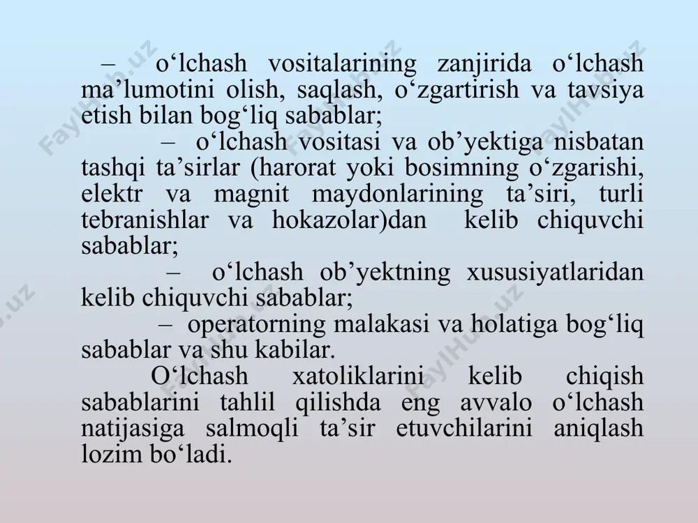 lar; – sub’ektiv xatoliklar. o‘lchash usulining nazariy jihatdan aniq assolanmaganligi natijasida uslubiy xatolik kelib chiqadi. o‘lchash vositalarining konstruktiv kamchiliklari tufayli kelib chiqadigan xatolik asbobiy xatolik deb ataladi. masalan: asbob shkalasining noto‘g‘ri graduirovkalanishi, qo‘zg‘aluvchan qismining noto‘g‘ri mahkamlanishi va hokazolar. asbobning (qurilmaning) xatoligi – asbobning noto‘g‘ri qo‘yilishidan yoki uni ba’zi tashqi faktorlar ta’sirida ishlatilishidan kelib chiqadigan xatolikka aytiladi. sub’ektiv xatolik – kuzatuvchining aybi bilan chiqadigan xatolikdir. tasodifiy xatolik deb bitta va aynan shu qiymatni sinchiklab o‘tkazilgan ko‘p marotabali o‘lchashda tasodifan o‘zgaruvchi xatolikka aytiladi. masalan, valning kesim yuzasi kattaligini o‘lchashda aynan shu asbob bilan o‘sha o‘lchanayotgan kattalikning turli qiymatlari olinadi. muntazam xatoliklarni kamaytirish usullari umuman, muntazam xatolikni yo‘qotish yo‘li aniq ishlab chiqilmagan. lekin, shunga qaramay, muntazam xatolikni kamaytirishning ba’zi bir usullari mavjud: 1. xatoliklar chegarasini nazariy jihatdan baholash, bu uslub o‘lchash uslubini, o‘lchash apparaturasining tavsiflarini, o‘lchash tenglamasini va o‘lchash sharoitlarini tahlil qilishga asoslanadi. masalan: o‘lchash asbobining parametrlari va tekshirilayotgan zanjirning ish holatini bilgan …