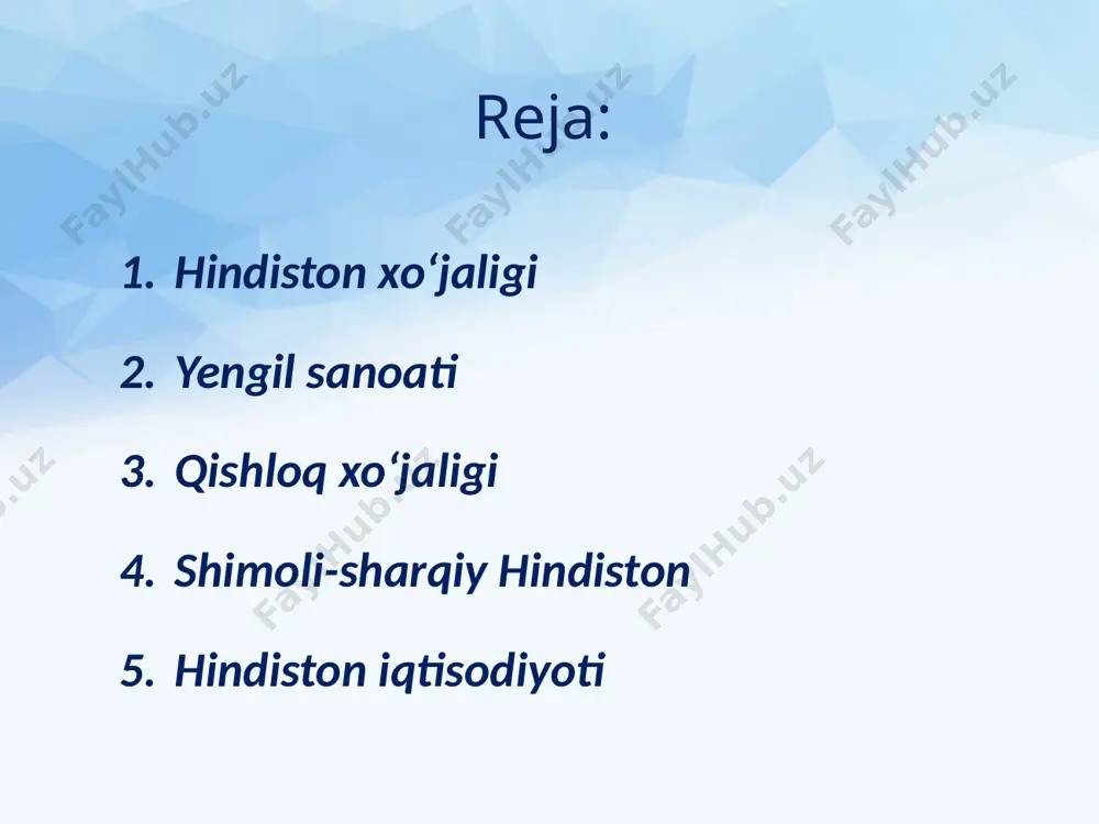 hkiliy markazi dehlidir. janubiy hindiston mamlakatning o‘ziga xos ishlab chiqarish ixtisosiga ega bo‘lgan 4-rayonidir. chennay, haydarobod, vishakxapatnam kabi shaharlarda keyingi davrlarda mashinasozlik, metallurgiya, neft-kimyo kabi sanoat tarmoqlari rivojlanmoqda. image2.jpeg image3.png image4.jpeg image5.jpeg image6.jpeg image7.jpeg image8.jpeg image9.jpeg image10.jpeg image11.png image12.jpeg image13.jpeg image14.jpeg image15.png image16.jpeg image17.jpeg image18.jpeg image19.jpeg image20.jpeg image21.jpeg image22.jpeg image23.jpeg image24.jpeg image25.jpeg image26.jpeg image27.jpeg image28.jpeg image29.jpeg image30.jpeg image31.jpeg image1.jpg