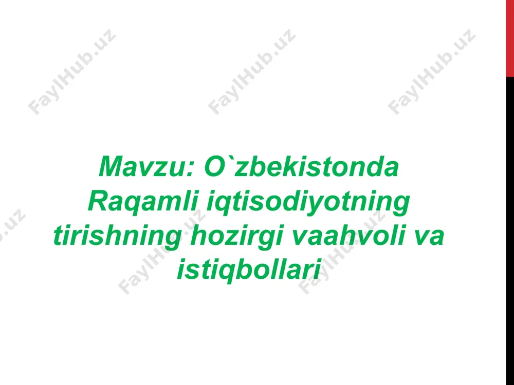 a) va aniqlikka erishishda bu sun'iy intellekt va intellektual boshqaruv tizimlarining hosil bo’lishida bu ta'lim, ishlab chiqarish va boshqaruvdagi virtualizatsiya jarayonlari amalga oshishida bu buyumlar interneti va masofaviy ta’lim (mooc) ning keng miqyosda qo’llanilishida bu blokcheyn va u orqali yurutiladigan turli-tuman jarayonlarning hayotga tadbiq qilinishida bu mayning jarayoni hamda mustaqil biznez yuritish imkoniyatining yuzaga chiqishida raqamli iqtisodiyot quyidagilarda namoyon bo’ladi bu yangi pul-kredit tizimi va banklar faoliyatining kengayishida bu katta investitsyalar jalb qilish imkonini beradigan ico (initial coin offering) jarayoning amalga oshirilishida bu mustaqil pul birligi va kriptovalyutalarning amaliyotga kirib kelishida bu elektron tijorat va elektron biznesning rivojlanishida va boshqa juda katta imkoniyatlar yuzaga kelishidadir. raqamli texnologiyalarining rivojlanish bosqichlari sifatida quyidagilarni ko’rsatishimiz mumkin: 1-bosqich: jarayonlarni komp'yuterlashtirish va avtomatlashtirish (shu jumladan, arm, erp, edi, srm, sapr, asu, asutp va boshqalar) telekommunikatsiya - simli va simsiz, optic 2-bosqich: on-line platformalar (qidiruv tizimlari, elektron savdo maydonlari, masofaviy ta’lim, ijtimoiy tarmoqlar). bulutli va virtual …